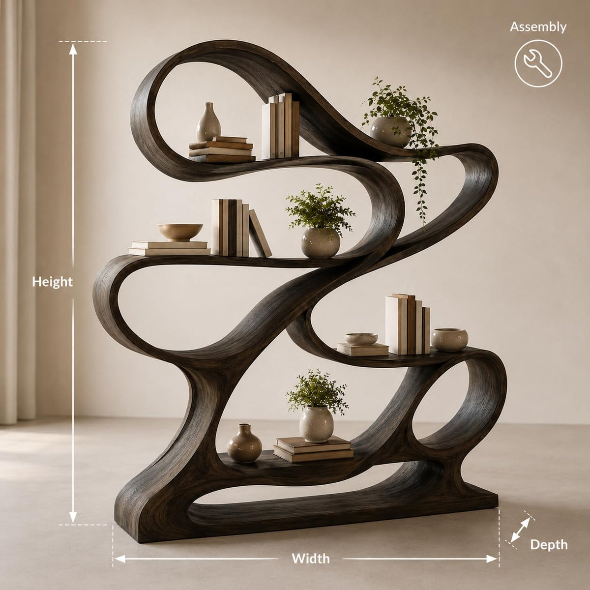Artistic Wooden Bookshelf, Solid Wood Curved Bookcase with Open Shelves, Freestanding Display Storage for Living Room (Option 2)