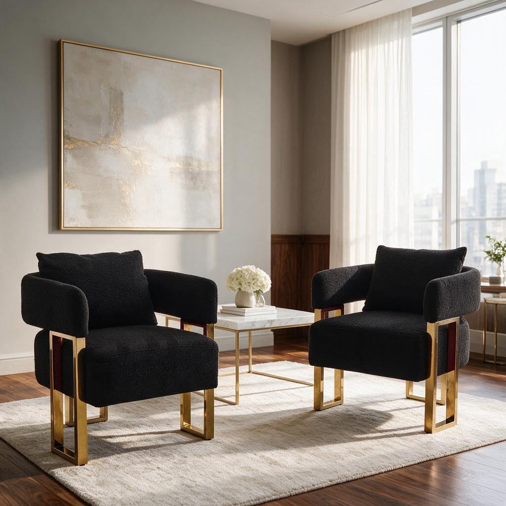 Upholstered Barrel Accent Chairs with Gold Legs – Set of 2