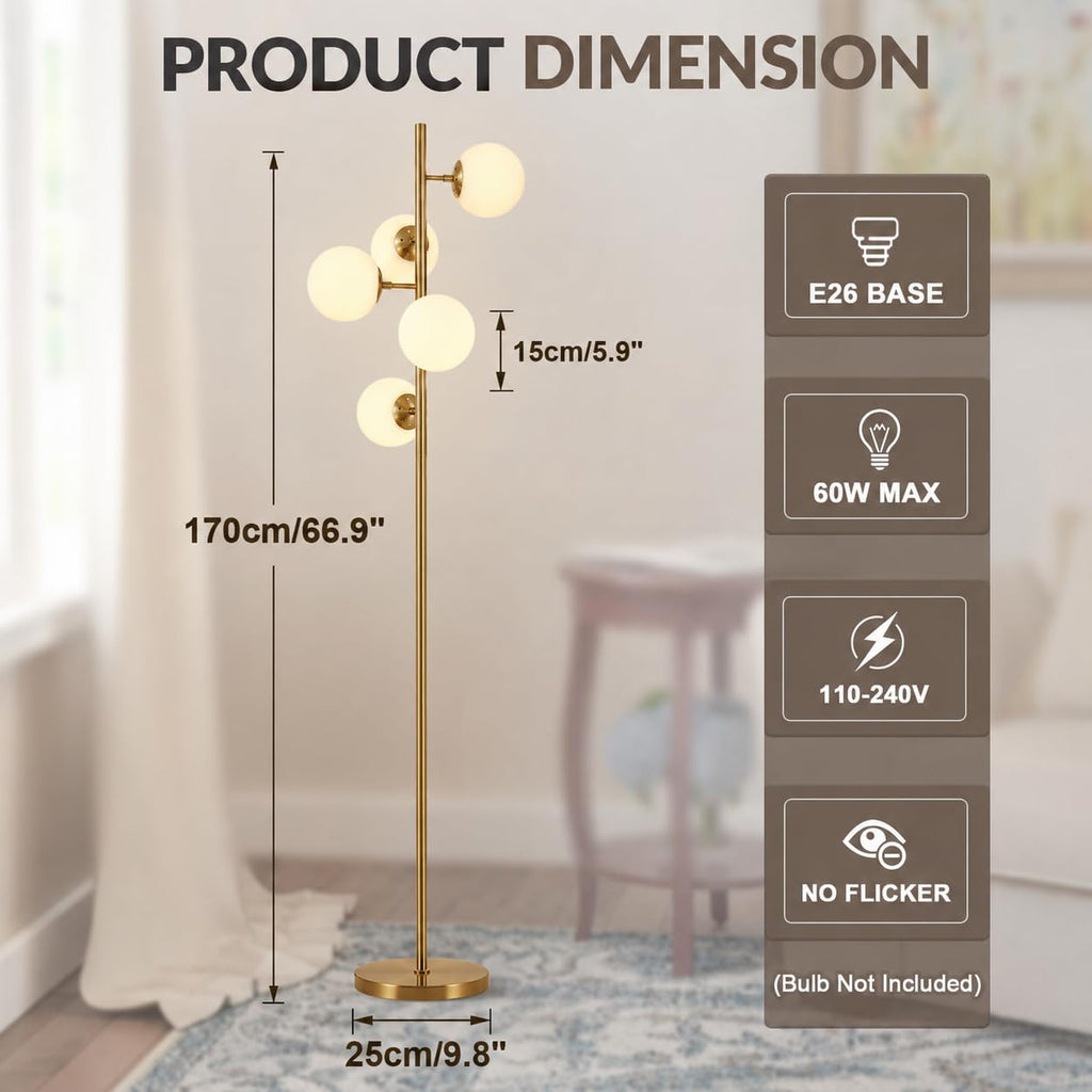 BOKT Gold 5-Light 67'' Tall Floor Lamp Smoked Glass Globes Standing Lamp