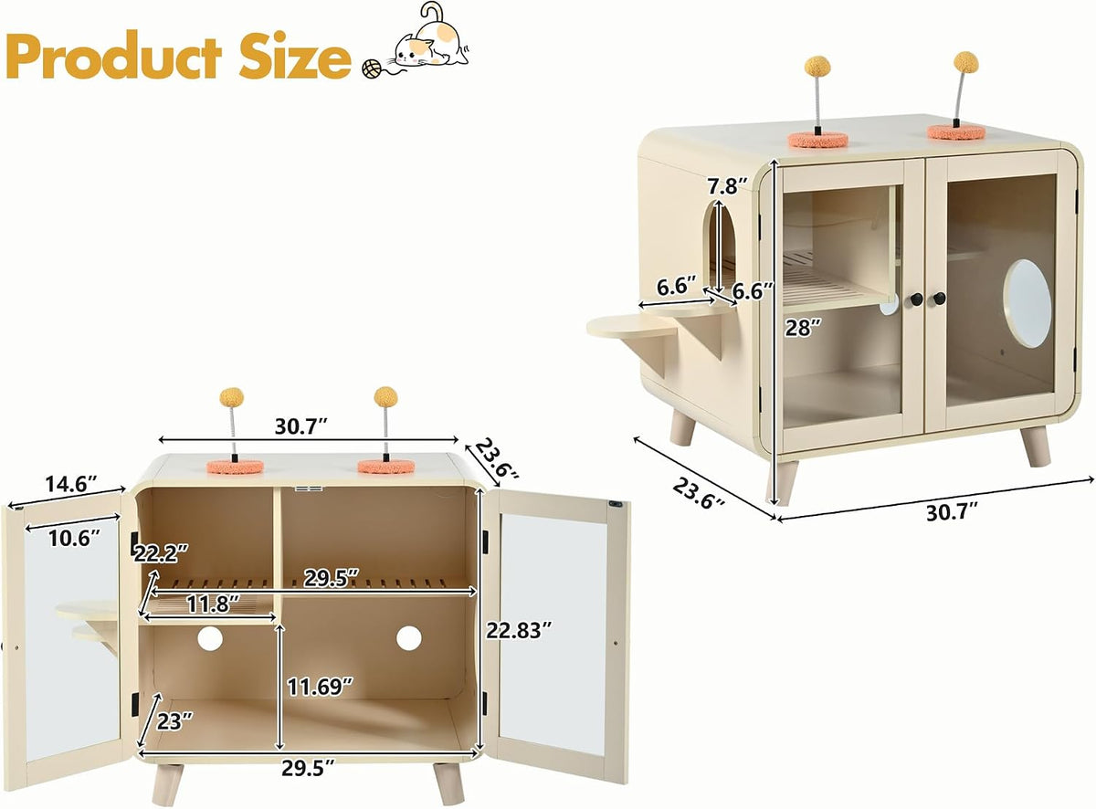 Cat Hidden Litter Box Enclosure with RGB LED Light, TV-Style Cat Litter Box Furniture Cabinet with Glass Doors, Side Stairs, Litter Leak Walkway & Pom-Pom Toys, Cat House Washroom, Beige