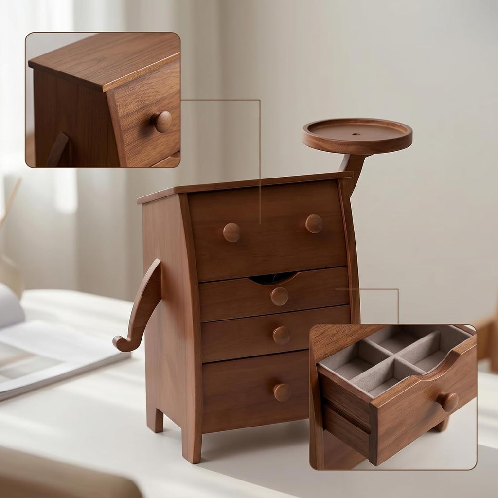 Jewelry Storage Drawer Solid Wood Jewelry Organizer Box Cabinet Four Drawer System Soft Lined Sections Dust Protection Enclosed Saving Curved Side suitable for dresser