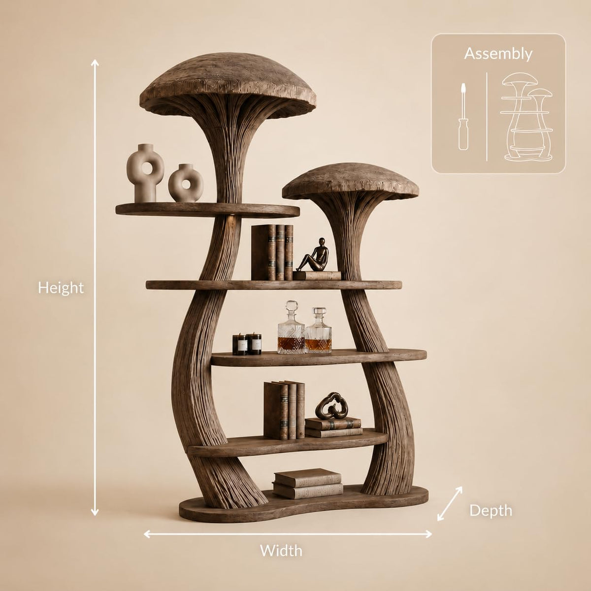 Mushroom Tree Bookshelf, Wooden Nature Inspired 50" W x 60" H Fantasy Bookcase with Tiered Display Shelves for Living Room Decor (Option 1)