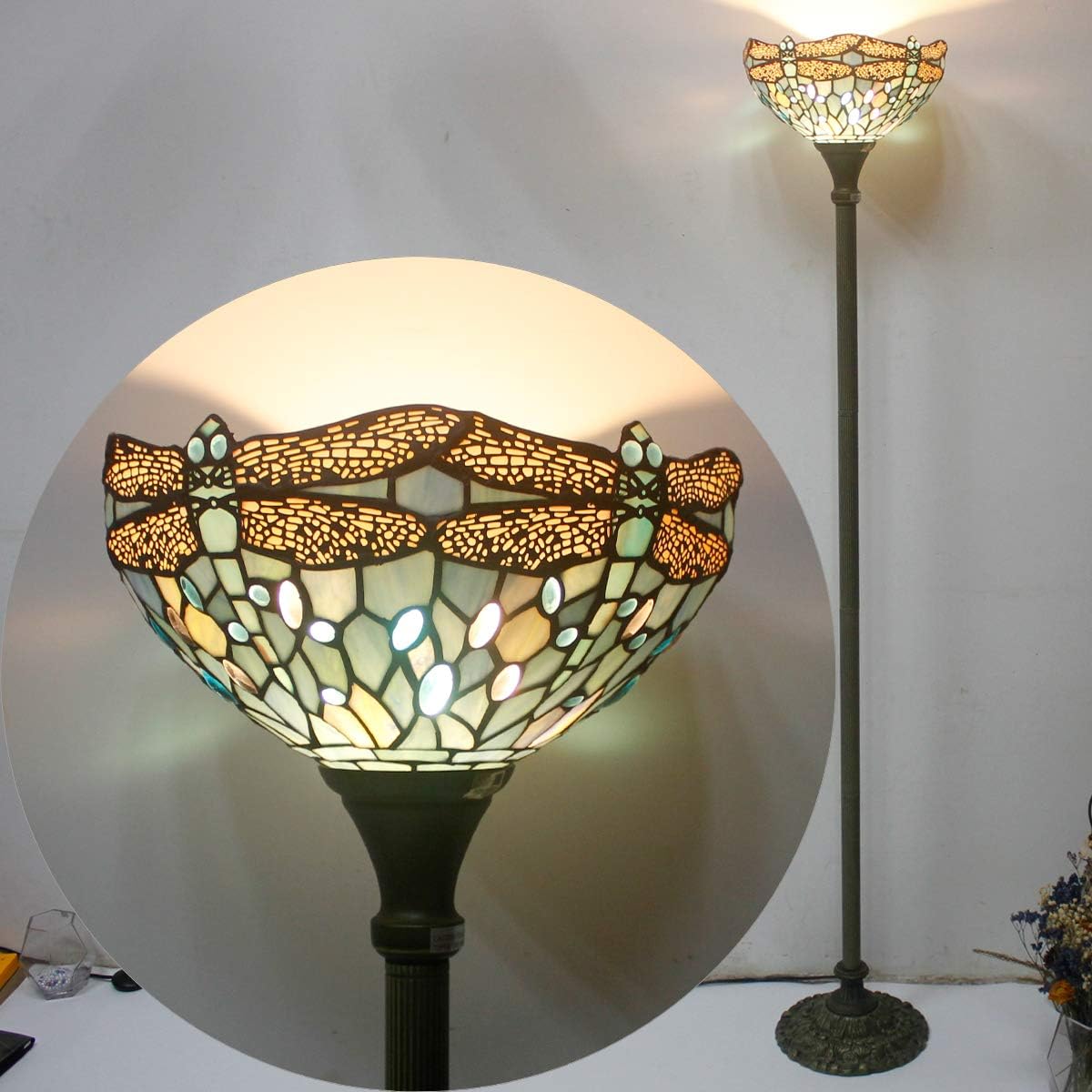 WERFACTORY Tiffany Floor Lamp Sea Blue Stained Glass Torchiere Pole Light