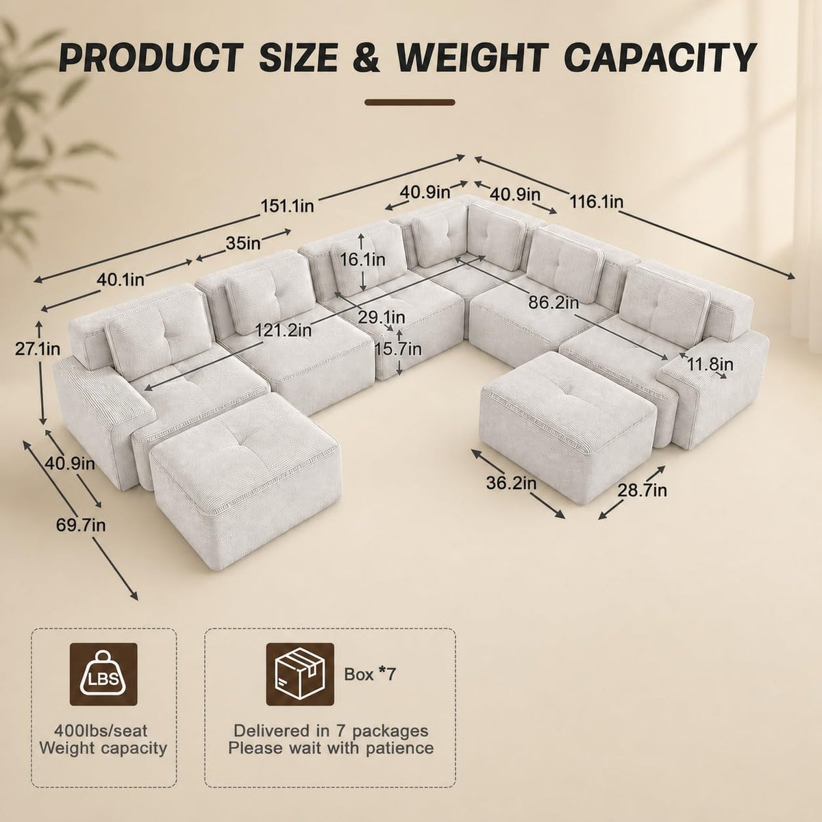 Camel Couch, Corduroy Couch, Boneless Modular Sectional Sofa Set, 5-Seat, Oversized