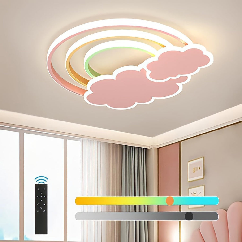 LED Pink Ceiling Light Modern Cartoon Children's Room Dimmable Ceiling Light with Remote Control Nordic Children's Room Blue Cloud Rainbow Night Light for Bedroom Baby Room Boys Girls Room