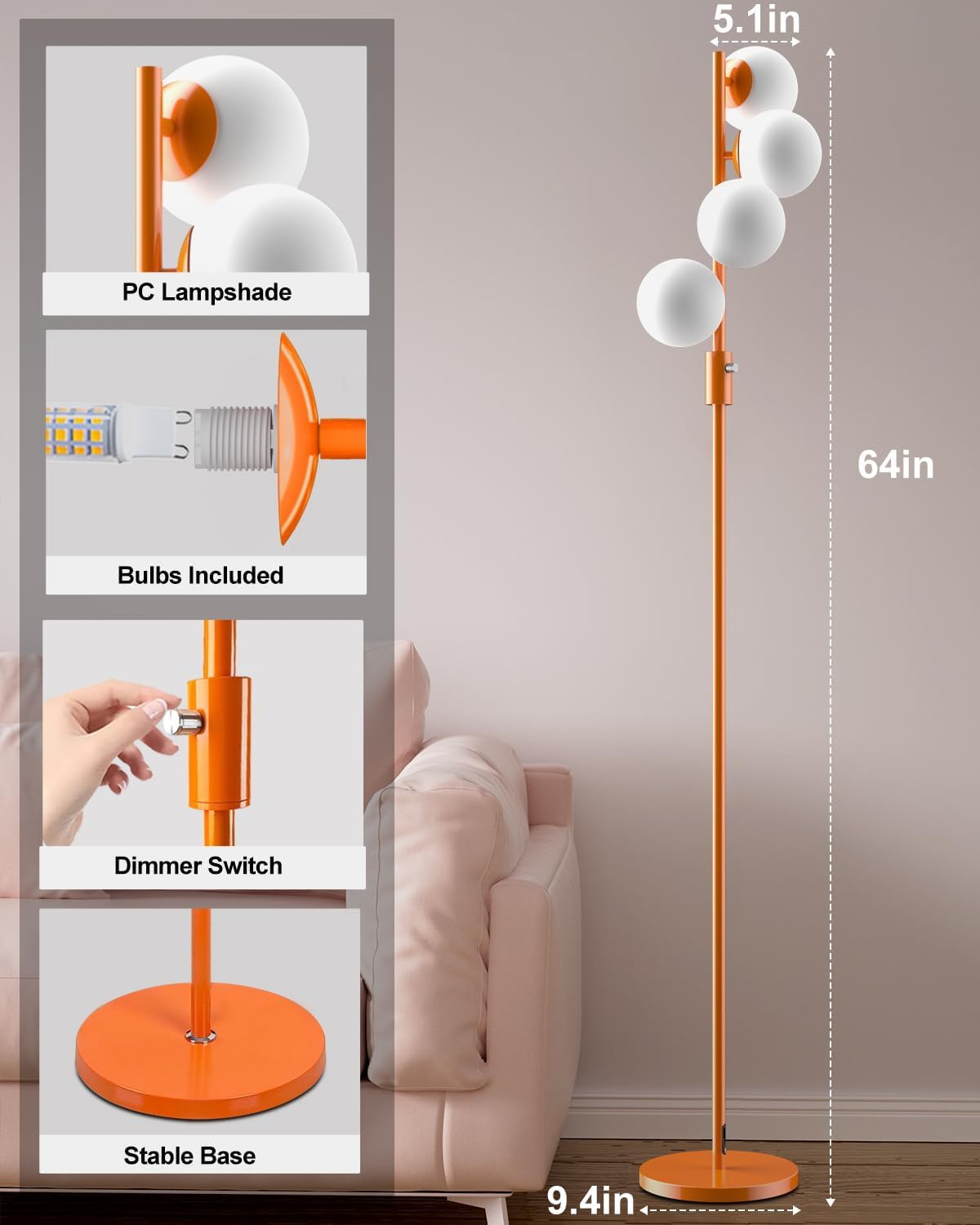 3 Globe Dimmable Tripod Floor Lamp
