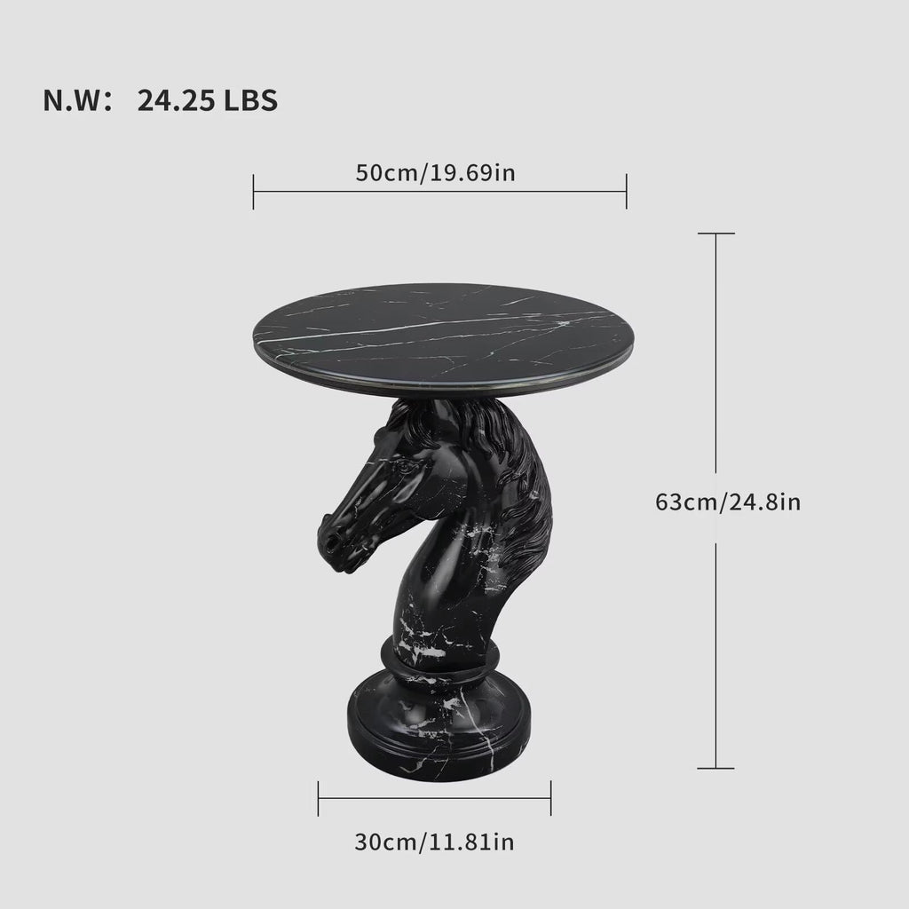 Modern End Table Living Room Black Horse Statue Base Faux Marble Night Stand 20"