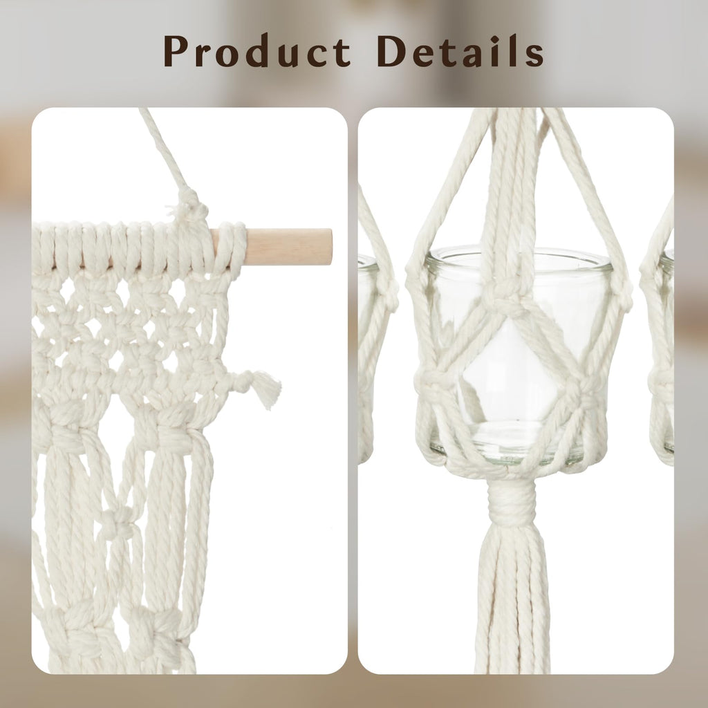 Macramé Wall Shelf with Three Glass Vases