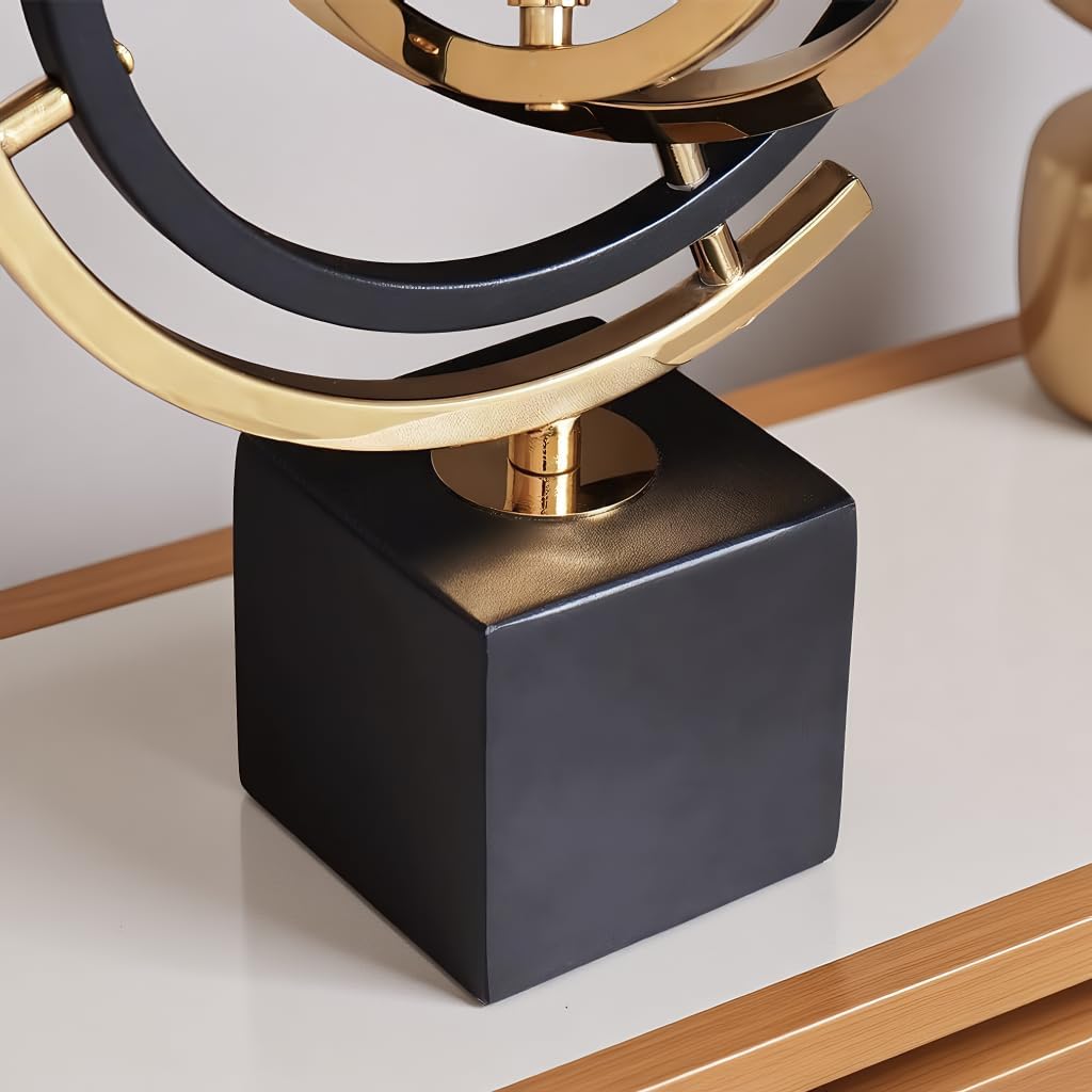 Abstract Metal Globe Sculpture Decor, Modern Black and Gold