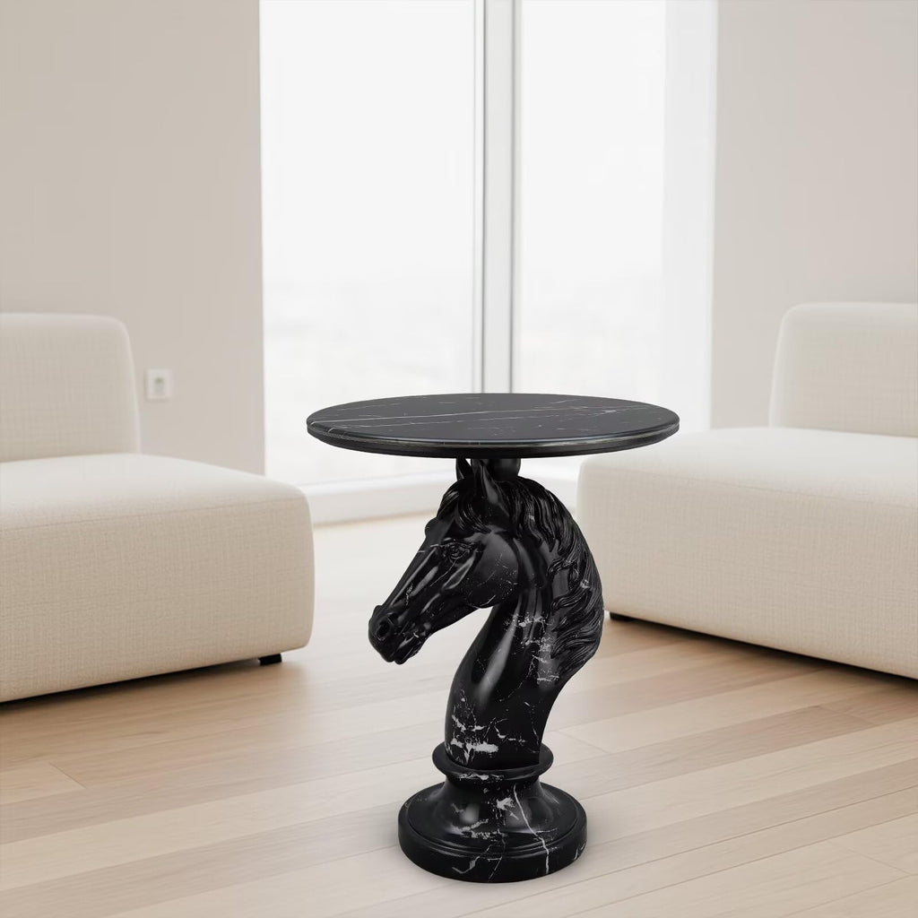 Modern End Table Living Room Black Horse Statue Base Faux Marble Night Stand 20"