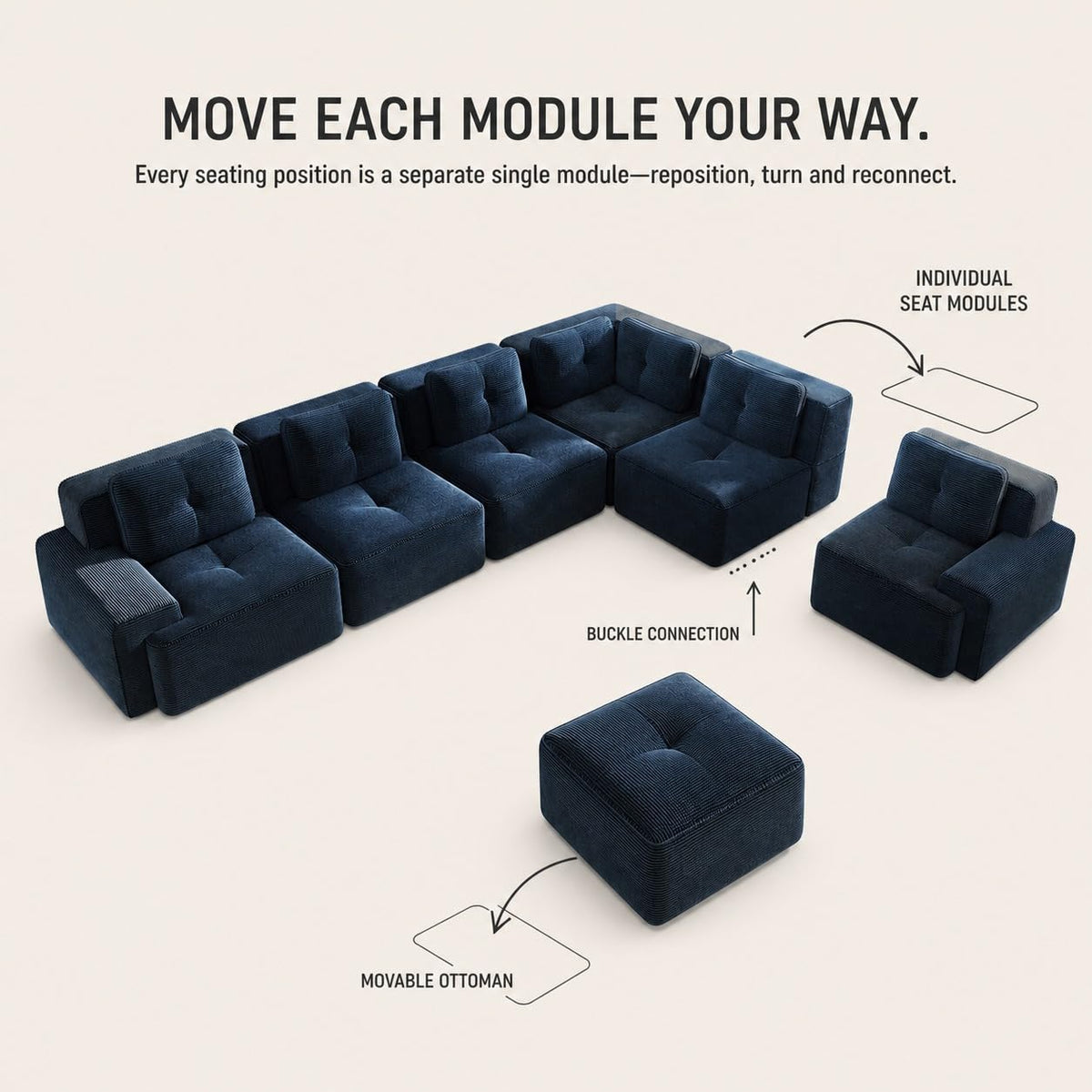 Camel Couch, Corduroy Couch, Boneless Modular Sectional Sofa Set, 5-Seat, Oversized
