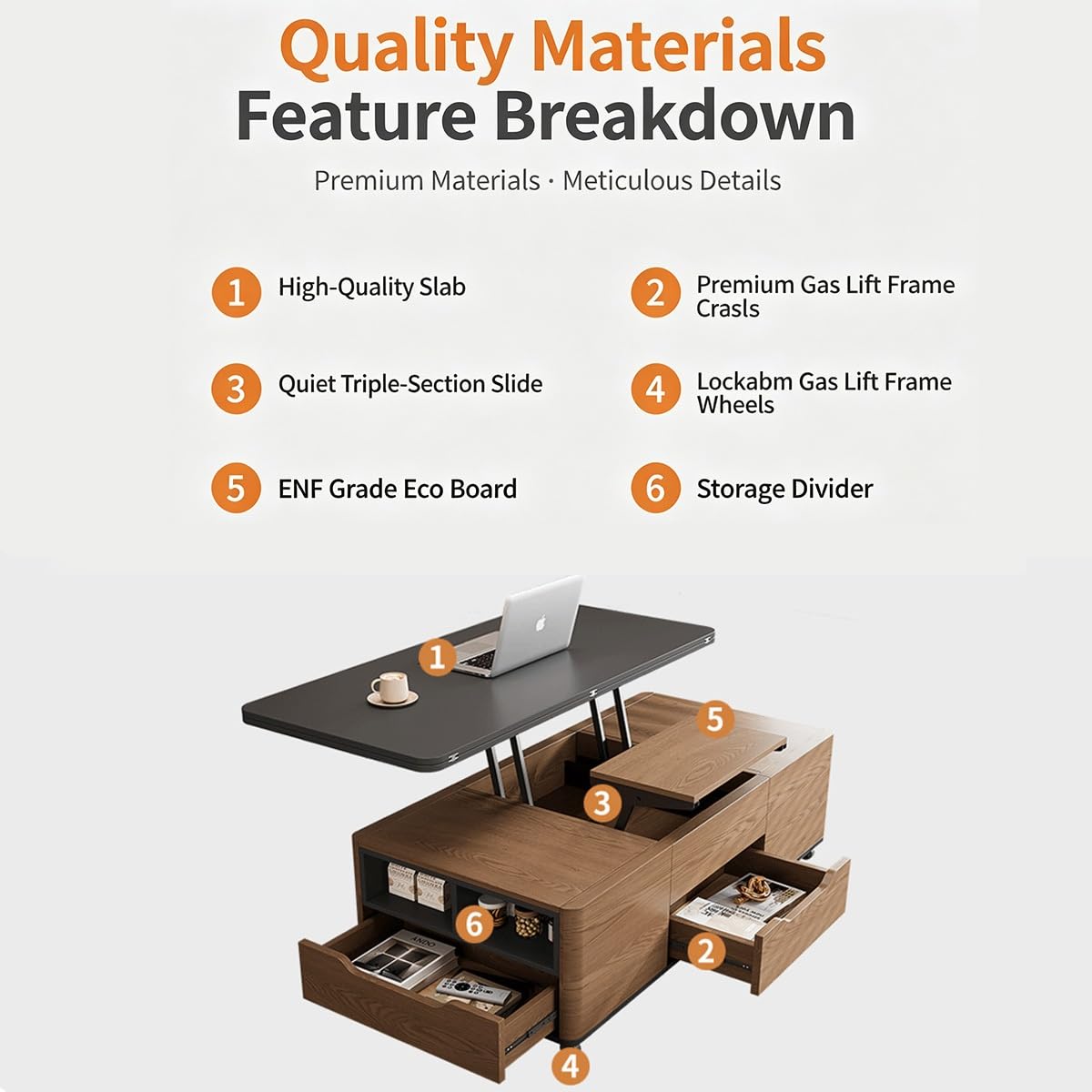 3‑in‑1 Lift‑Top Coffee‑Table with Storage Drawers & Rolling Casters
