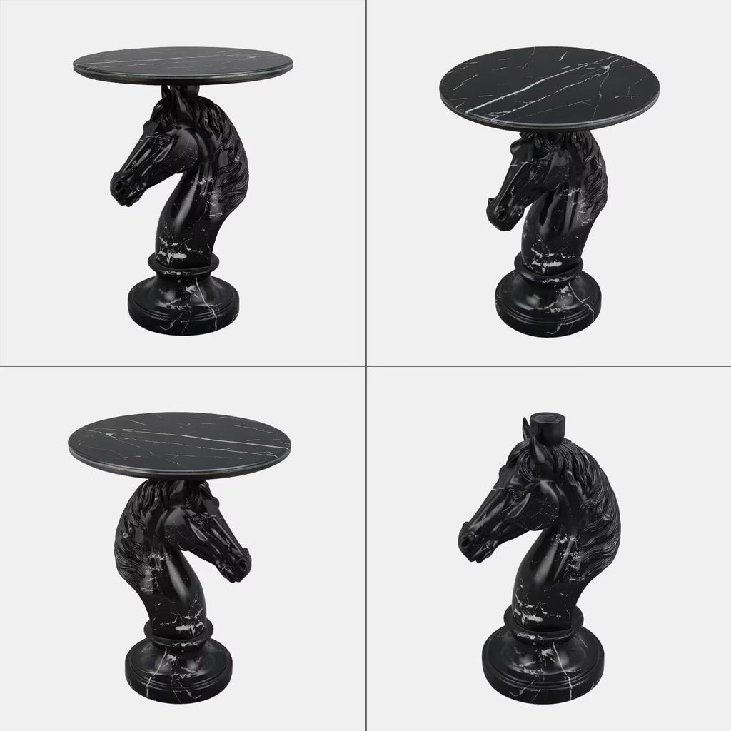 Modern End Table Living Room Black Horse Statue Base Faux Marble Night Stand 20"