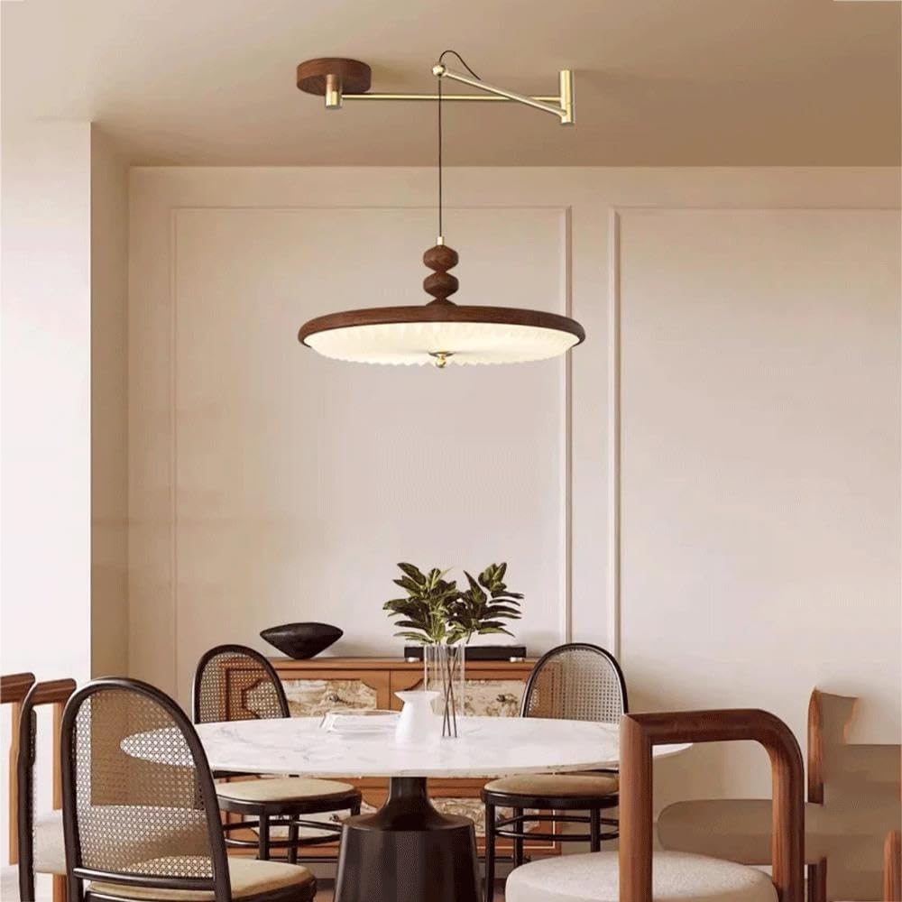 Swing Arm Pendant Light, Walnut Wood Finish Iron Hanging Lamp