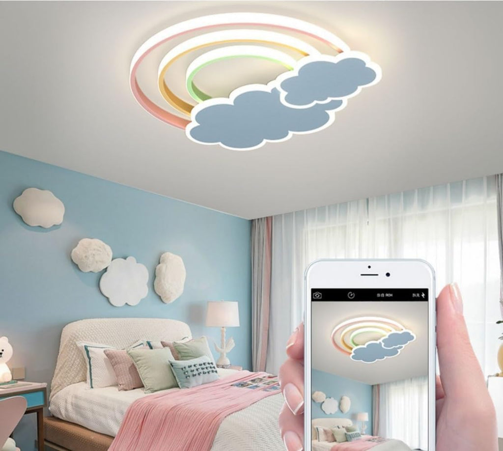 LED Pink Ceiling Light Modern Cartoon Children's Room Dimmable Ceiling Light with Remote Control Nordic Children's Room Blue Cloud Rainbow Night Light for Bedroom Baby Room Boys Girls Room