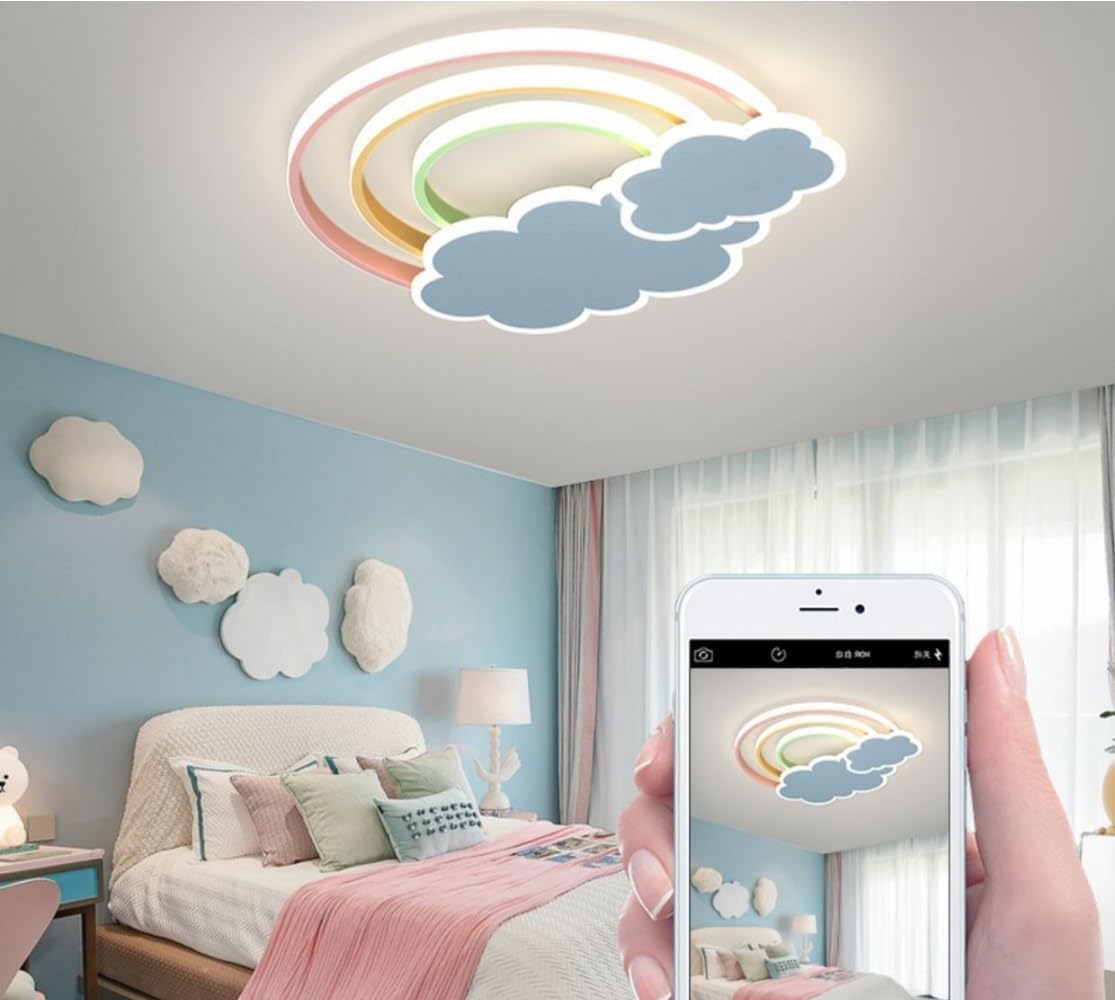 LED Pink Ceiling Light Modern Cartoon Children's Room Dimmable Ceiling Light with Remote Control Nordic Children's Room Blue Cloud Rainbow Night Light for Bedroom Baby Room Boys Girls Room