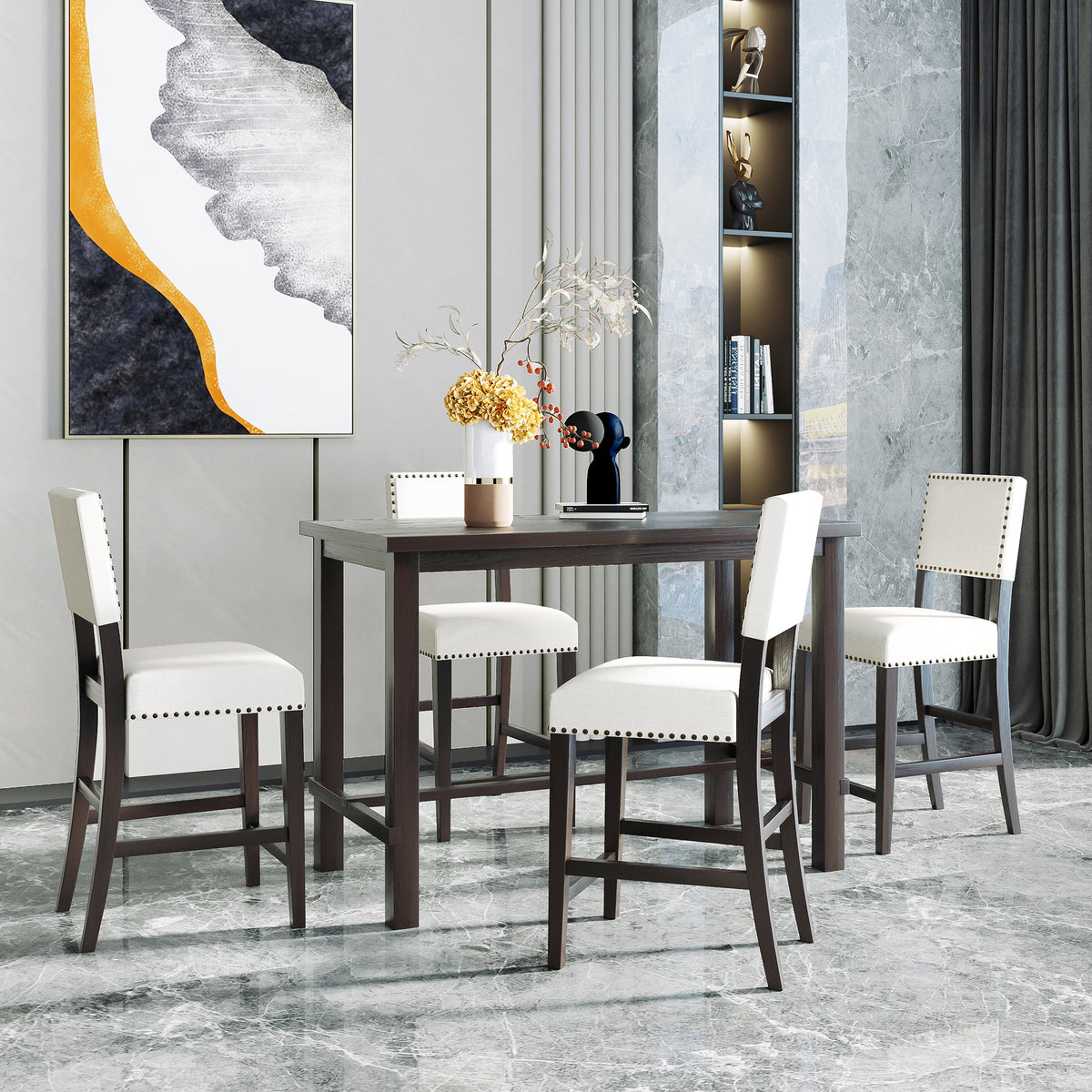 Espresso & Beige Counter-Height Dining Set