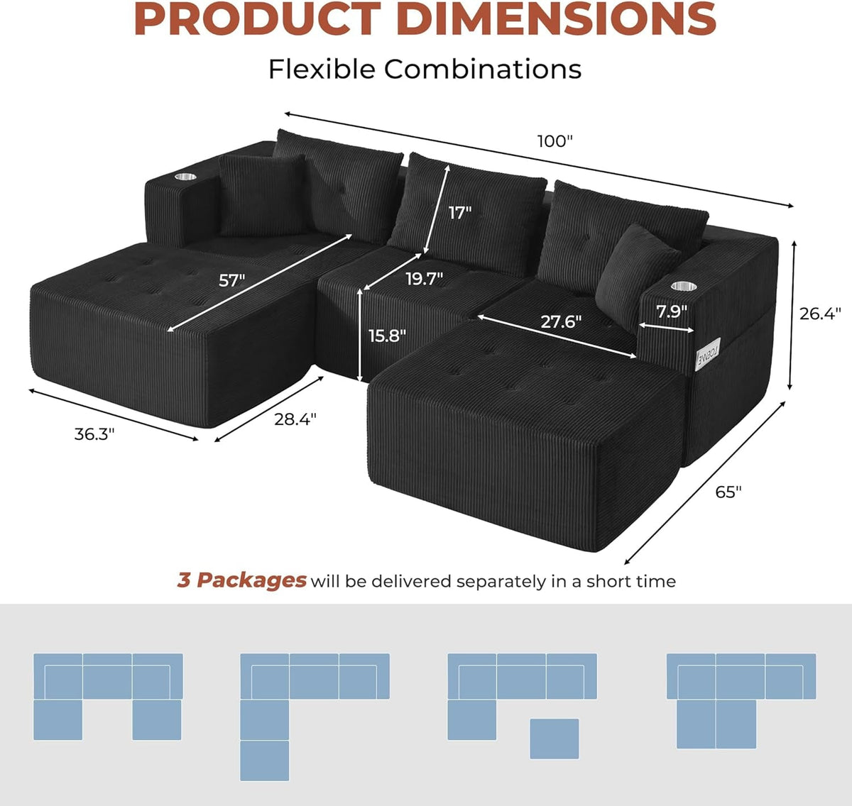 100 Inch U Shaped Oversized Modular Sofa Luxurious Corduroy