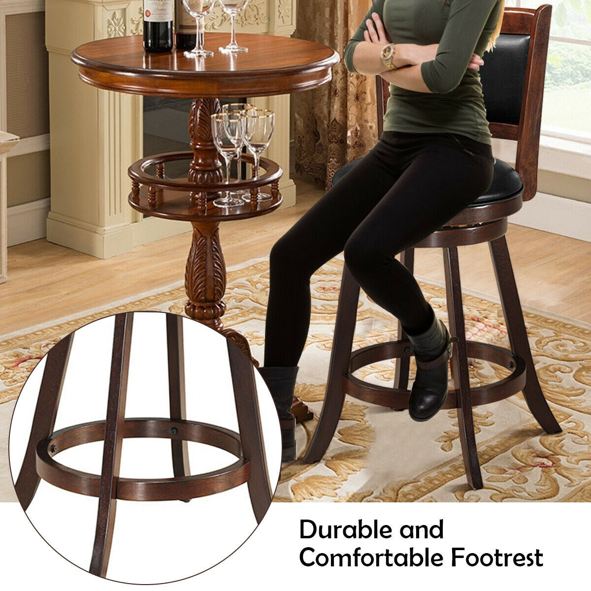 29 Inch Swivel Bar Height Stool Wooden Upholstered Dining Chair