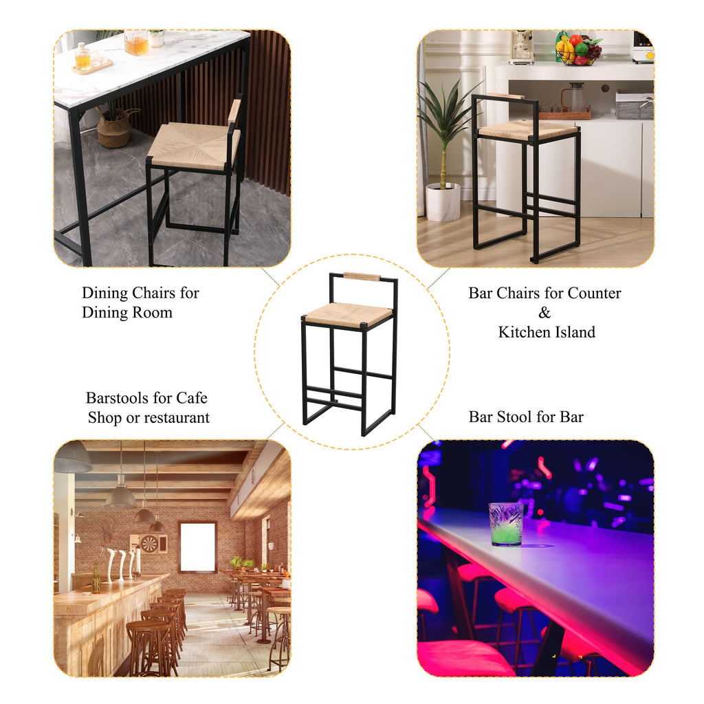 Stylish (Set of 2) Bar Stools With Backrest And Paper Rope Woven Seat