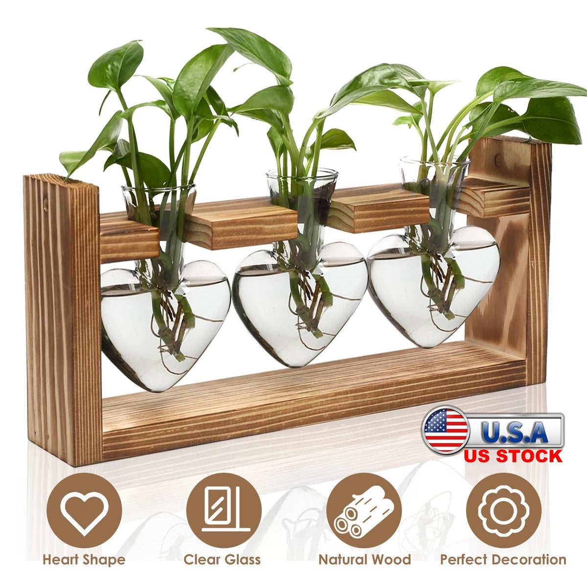 Plant Terrarium Propagation Station with 3 Heart Shaped Vases Wooden Stand Desktop