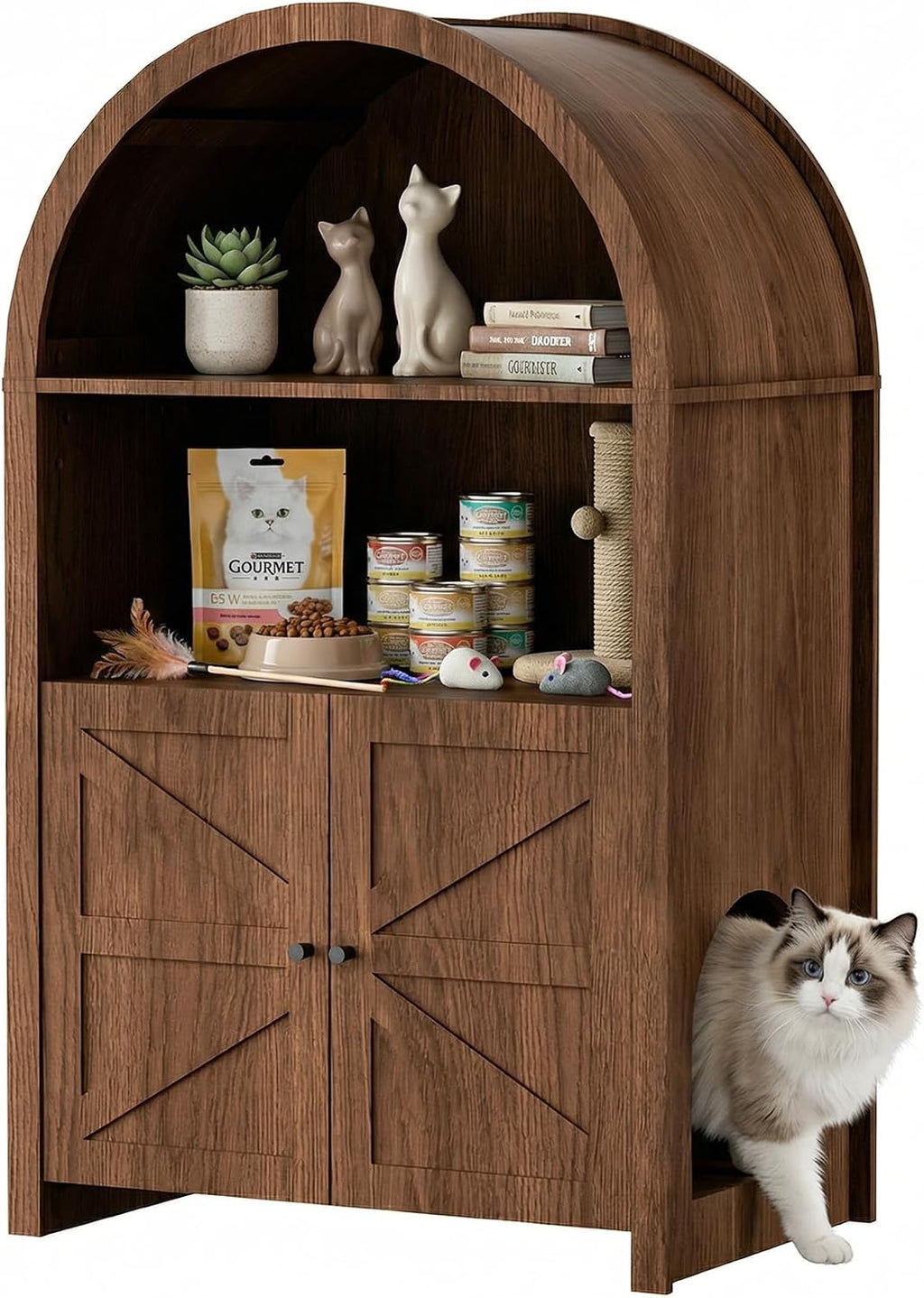 Cat Litter Box Enclosure Furniture with Doors and 2 Open Cubby Large Hidden Litter Box Cabinet Modern Wood Cat Washroom Pet House for Living Room Bedroom Entryway Hallway