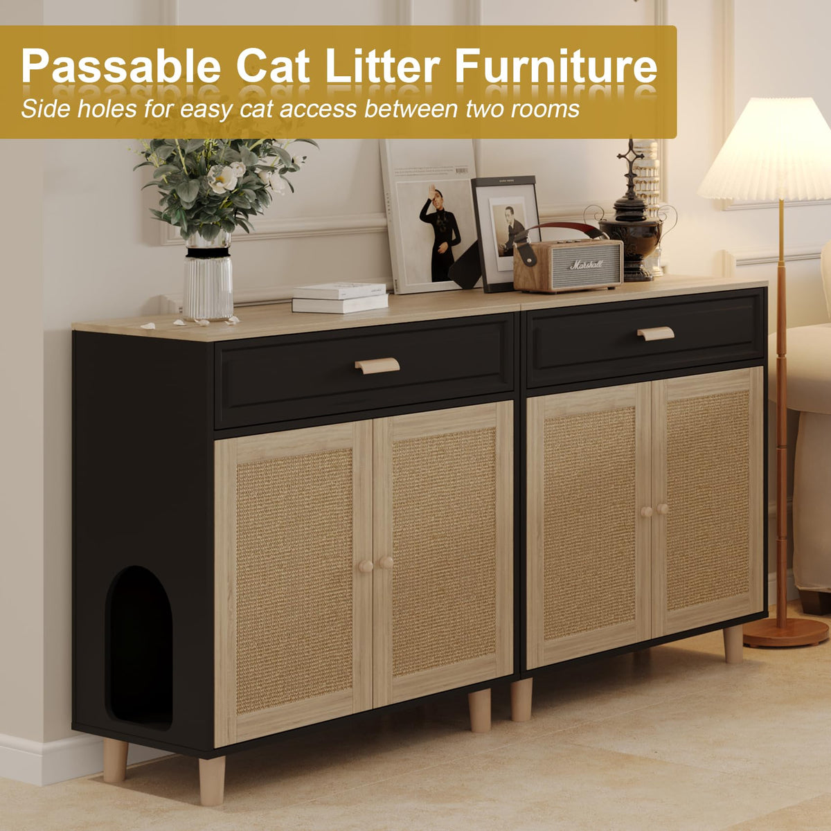 Cat Litter Box Enclosure Furniture Hidden Indoor 2-in-1 Wooden Cat & Washroom Cabinet with Scratching Board Doors and 3 Drawer for 2 Cats, 55"x20"x24"H