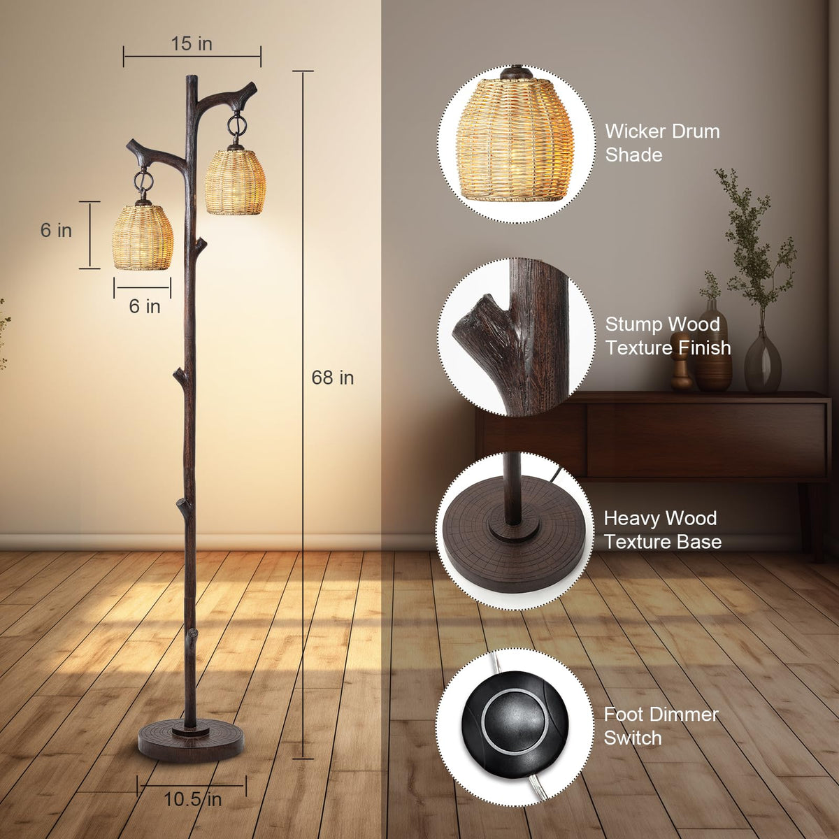 Scenekoy Vintage 68” Tall Resin Floor Lamp with Straw Rope Woven Shade