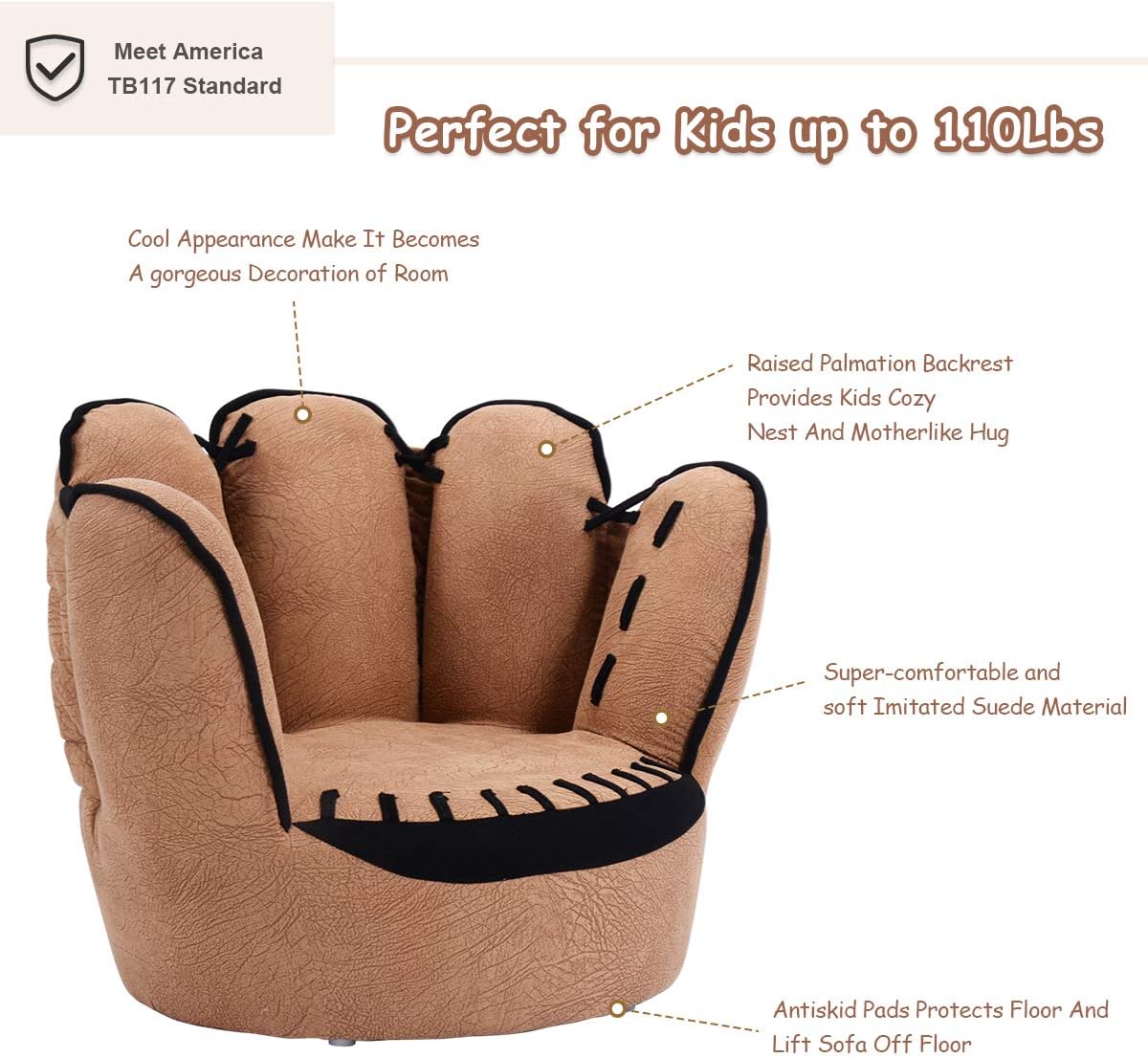 Kids Baseball Glove Toddler Armchair Couch with Solid Wood Frame for Playroom