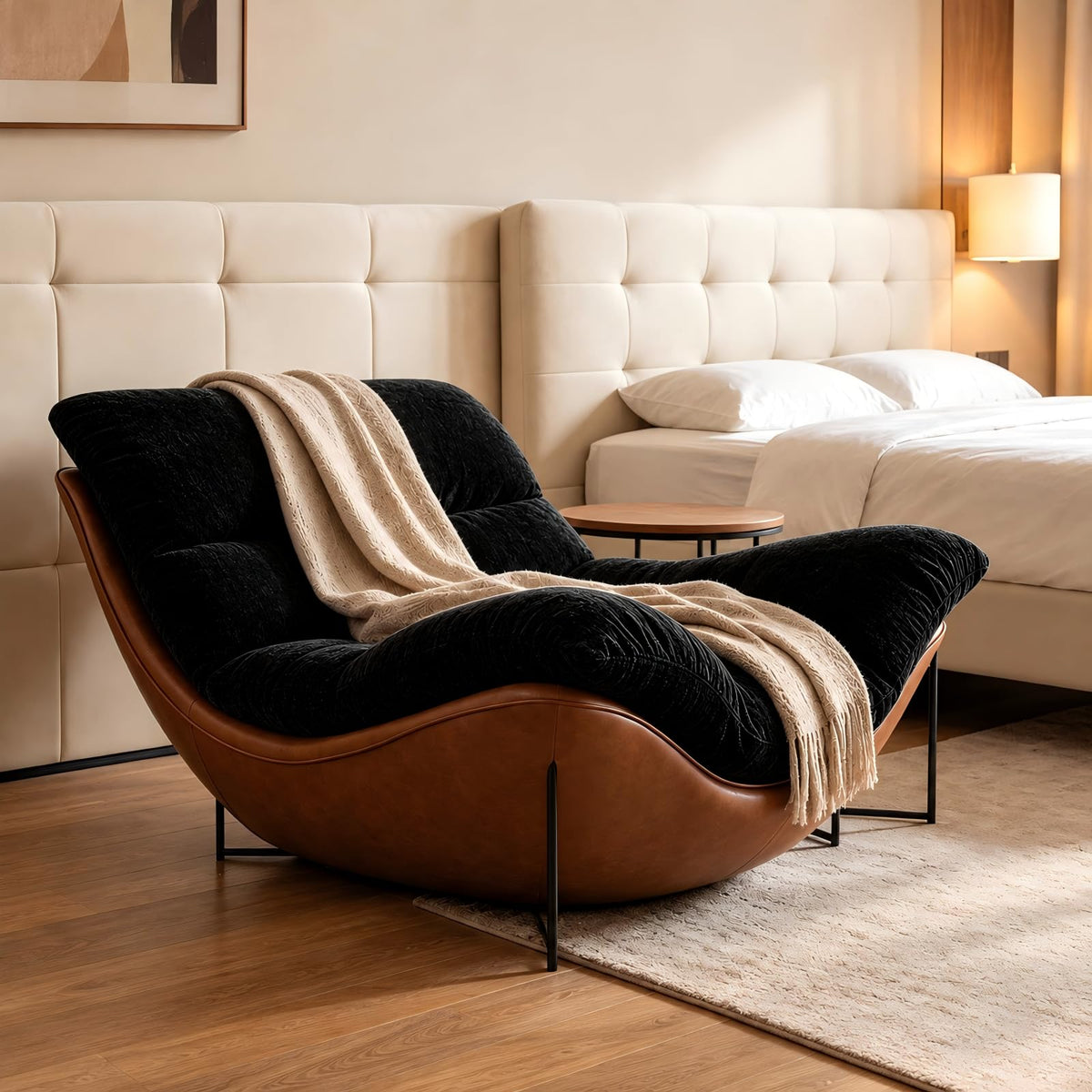 Modern Lounge Chair, Plush Fabric Lounge Chair with Faux Leather Base, Low Profile Lazy Sofa Chair, Ergonomic Curved Upholstered Chair for Living Room, Bedroom, Reading Nook, No Assembly Required