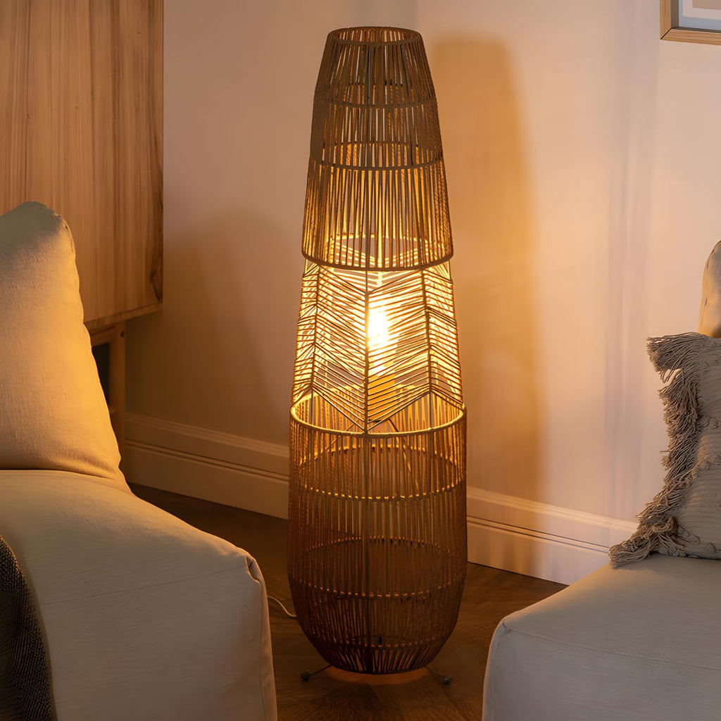 34.64" Mid Century Boho Farmhouse Wood Floor Lamp with Bamboo Shade