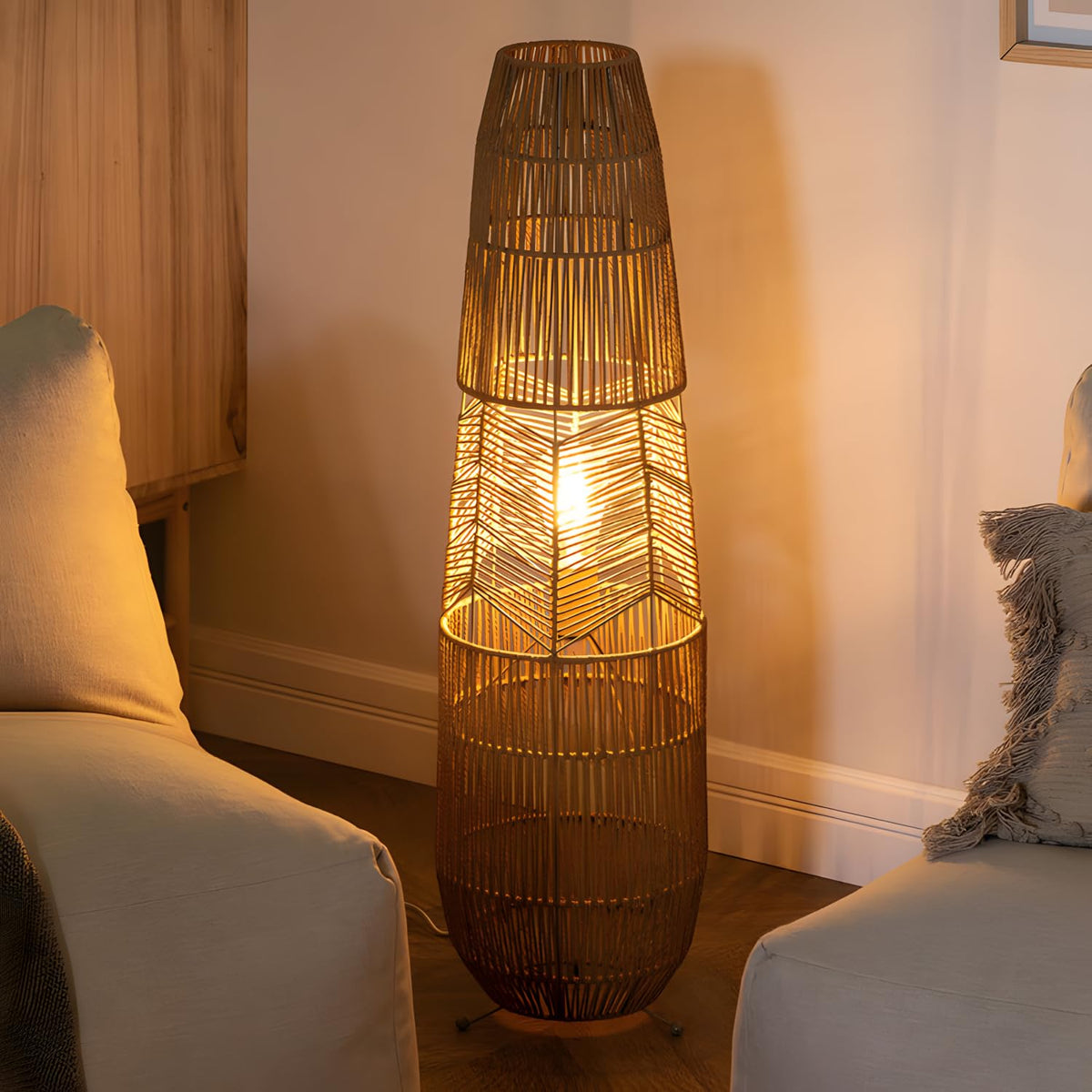 34.64" Mid Century Boho Farmhouse Wood Floor Lamp with Bamboo Shade