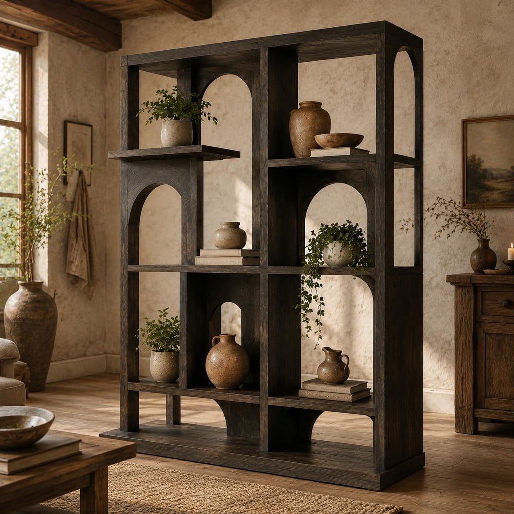Artistic Wooden Bookshelf, Solid Wood Curved Bookcase with Open Shelves, Freestanding Display Storage for Living Room (Option 2)