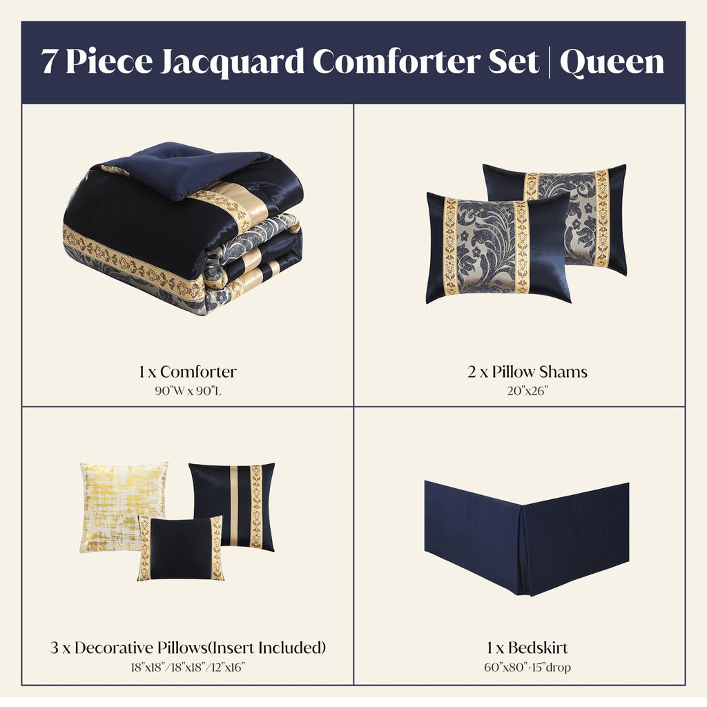 CozyDH Black Gold Jacquard Comforter Set California King, 7PCS Bed in a Bag