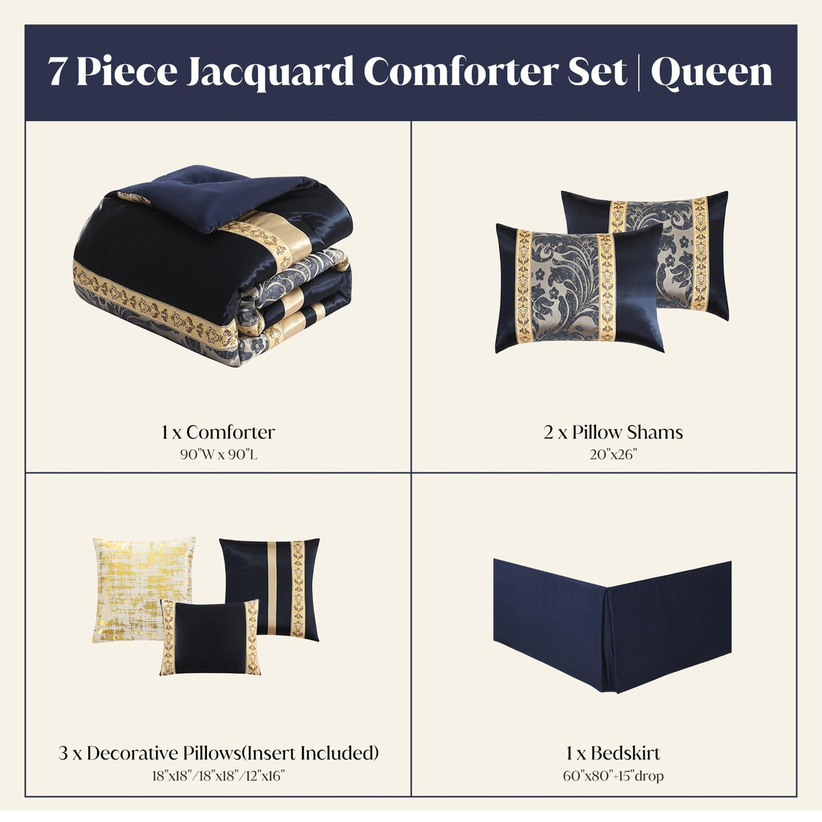 CozyDH Black Gold Jacquard Comforter Set California King, 7PCS Bed in a Bag