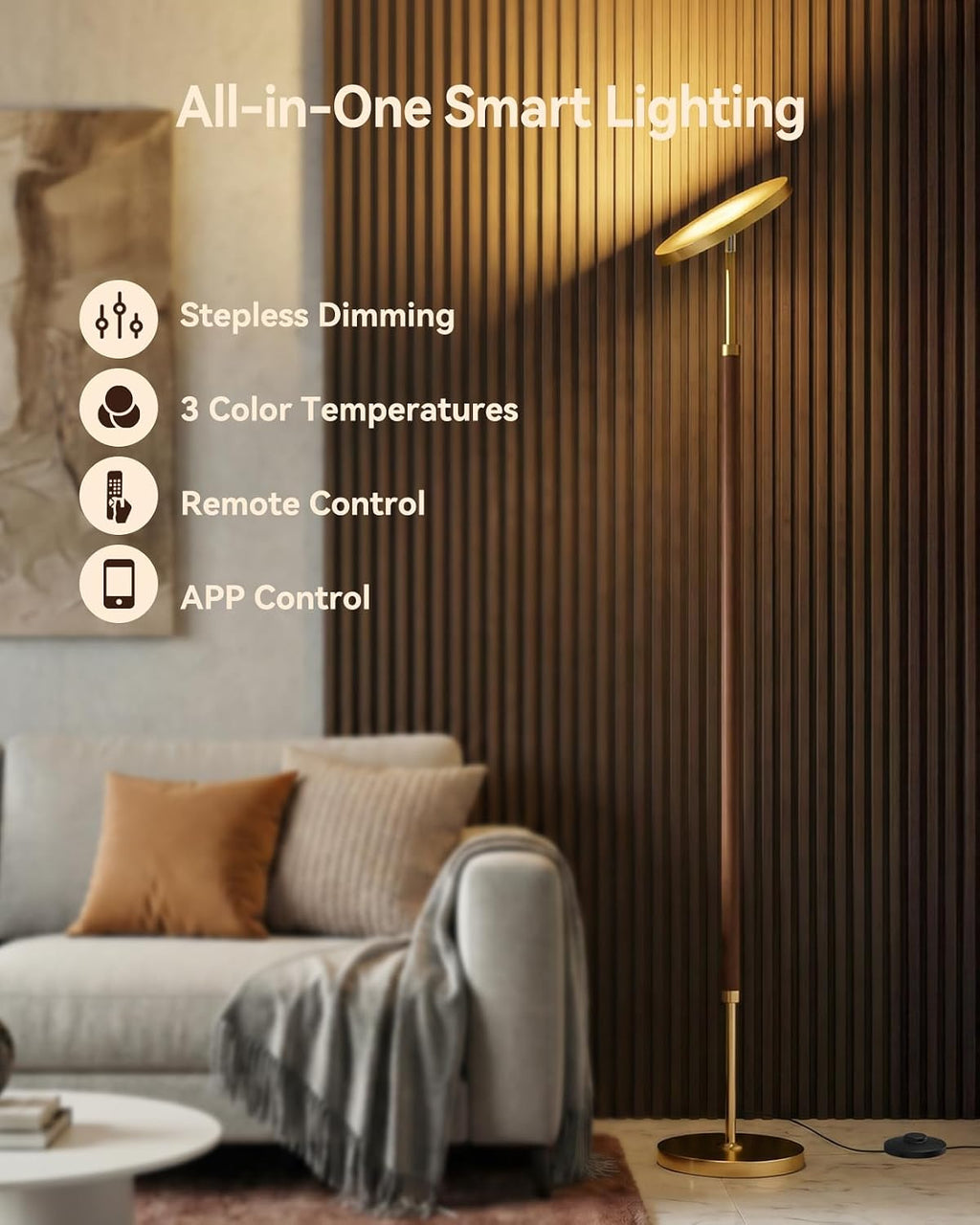 JOOFO Wood LED Torchiere Floor Lamp with Remote, 3000LM Dimmable