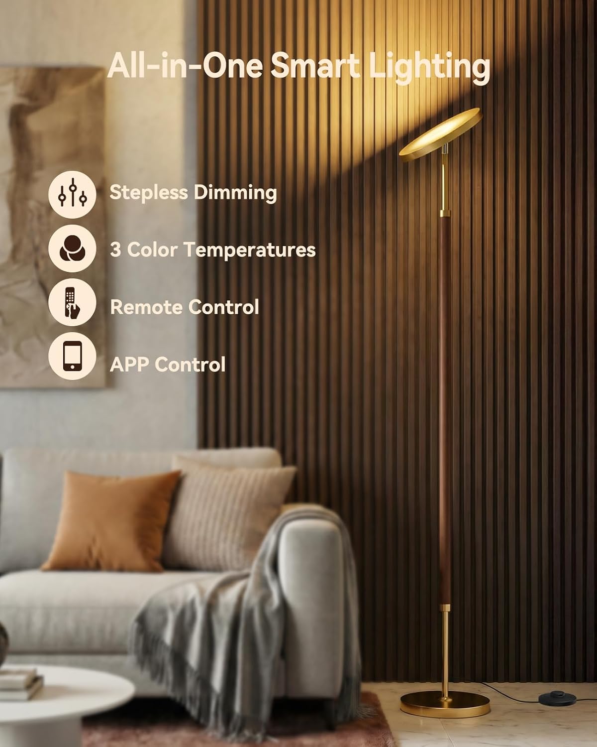 JOOFO Wood LED Torchiere Floor Lamp with Remote, 3000LM Dimmable