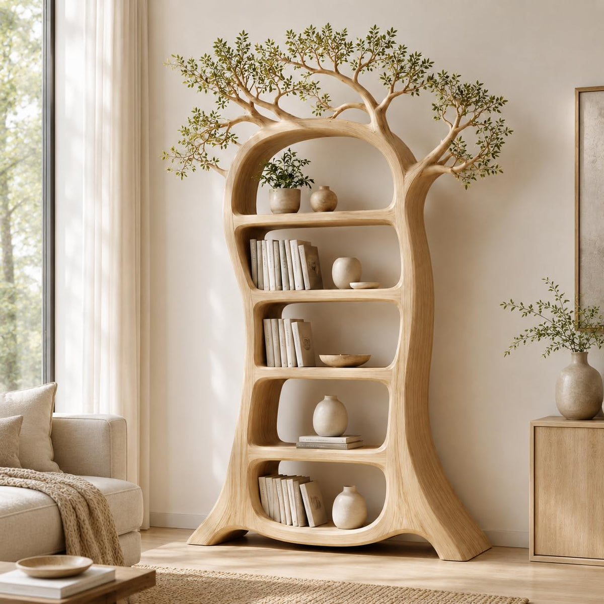 Rustic Tree Bookshelf, Solid Wood 70" H x 60" W Nature Inspired Bookcase with Open Shelves for Living Room Wall Decor (Option 4)