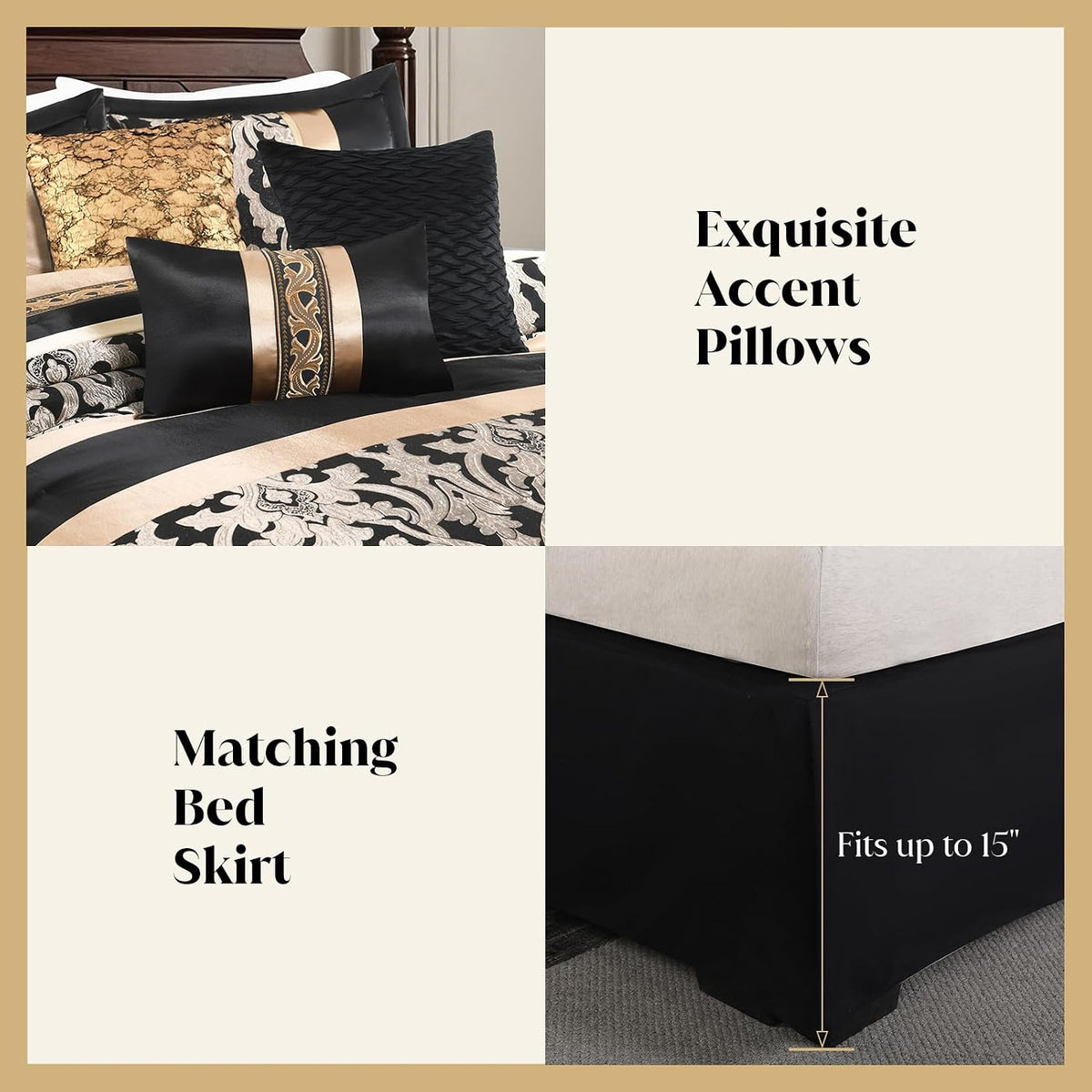 CozyDH Black Gold Jacquard Comforter Set California King, 7PCS Bed in a Bag