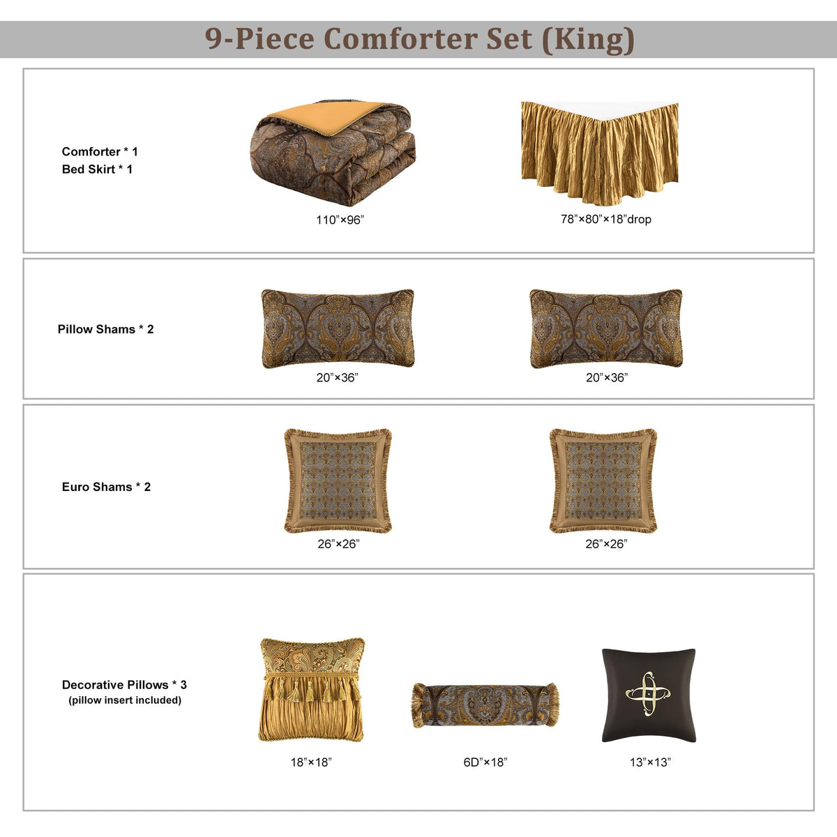 Loom and Mill Luxury Jacquard Comforter Set 9-Piece, Bronze Gold, Queen
