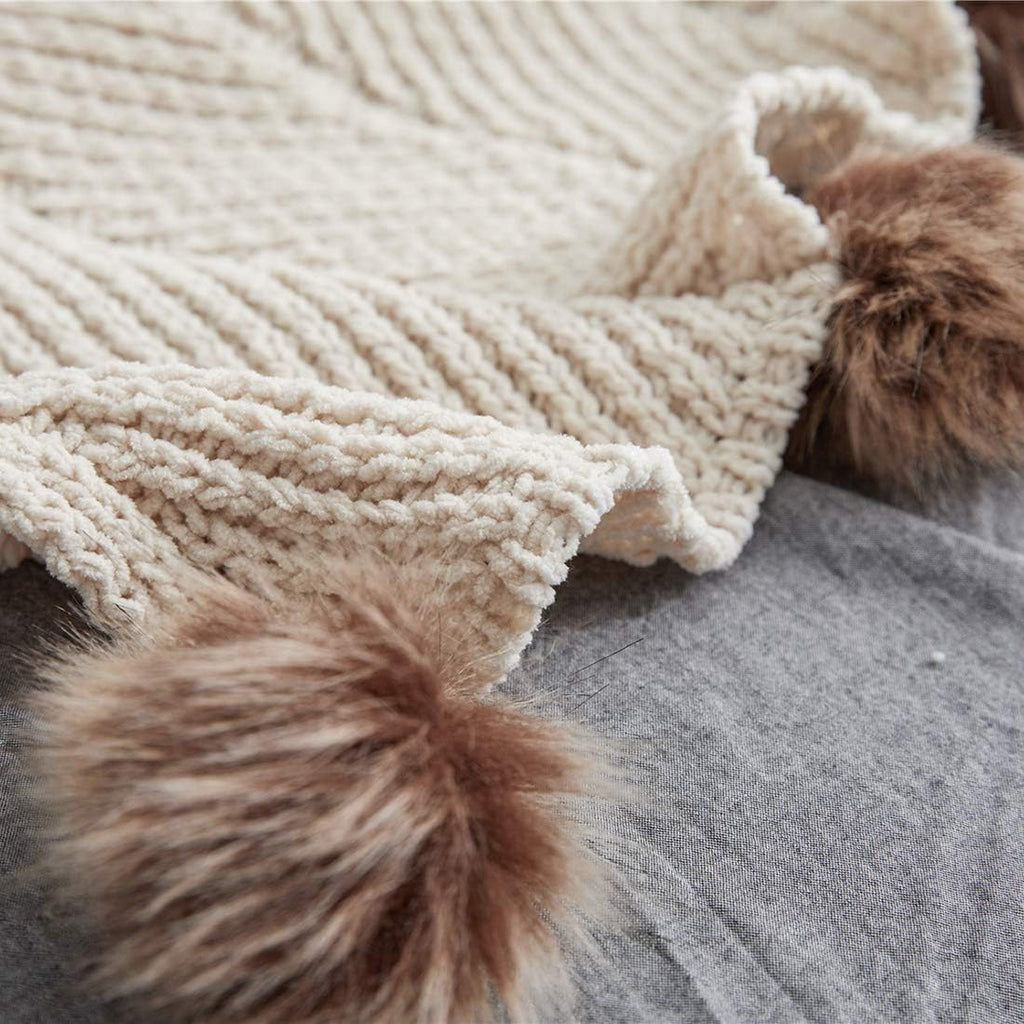 Cable-Knit Pom-Pom Throw Blanket