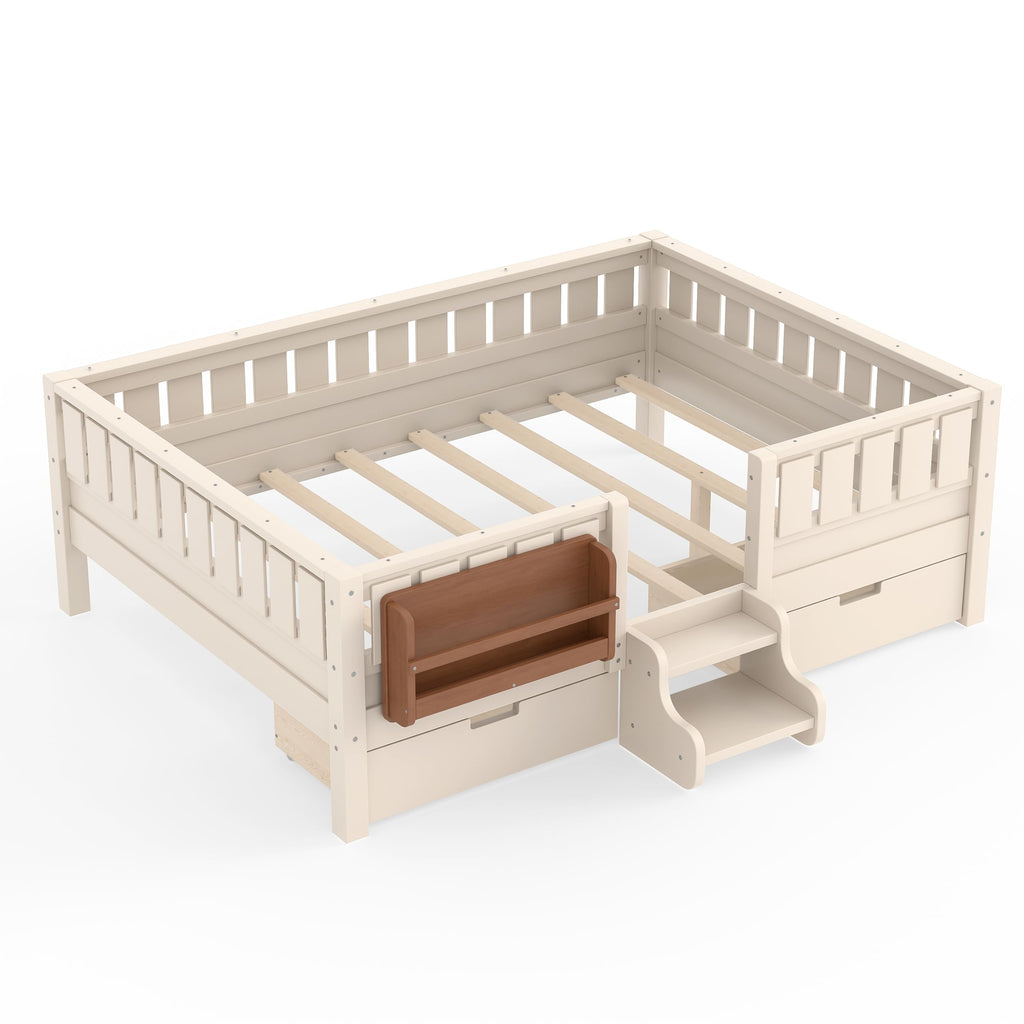 Montessori Bed with Stairs, Bookshelf & Storage Drawers