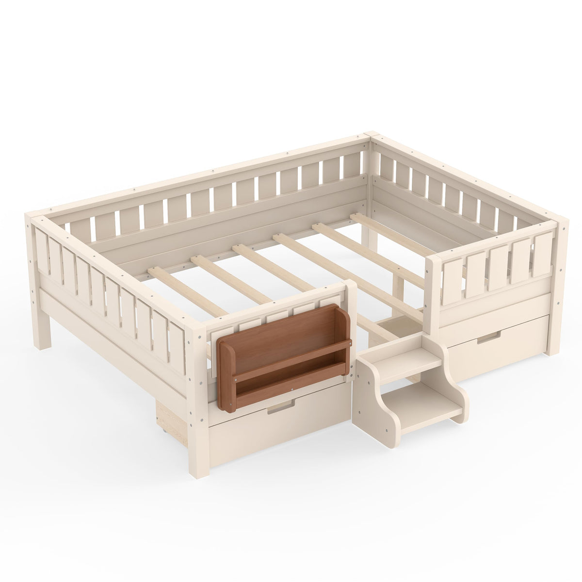 Montessori Bed with Stairs, Bookshelf & Storage Drawers