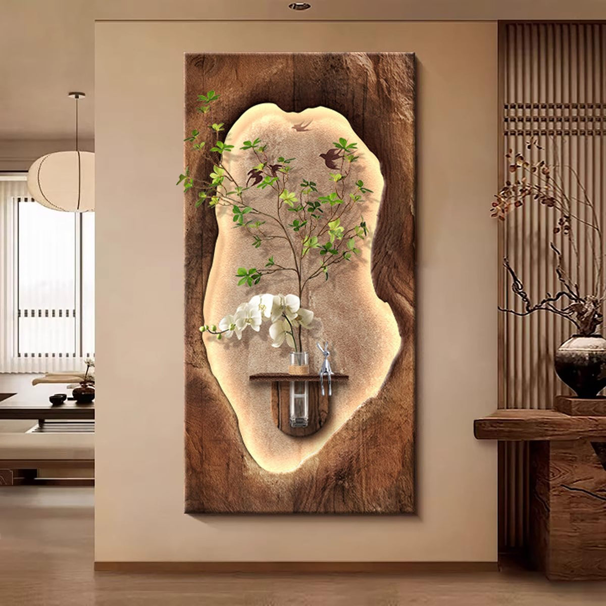 3D LED Sandstone Wall Art with Orchid Vase Detail