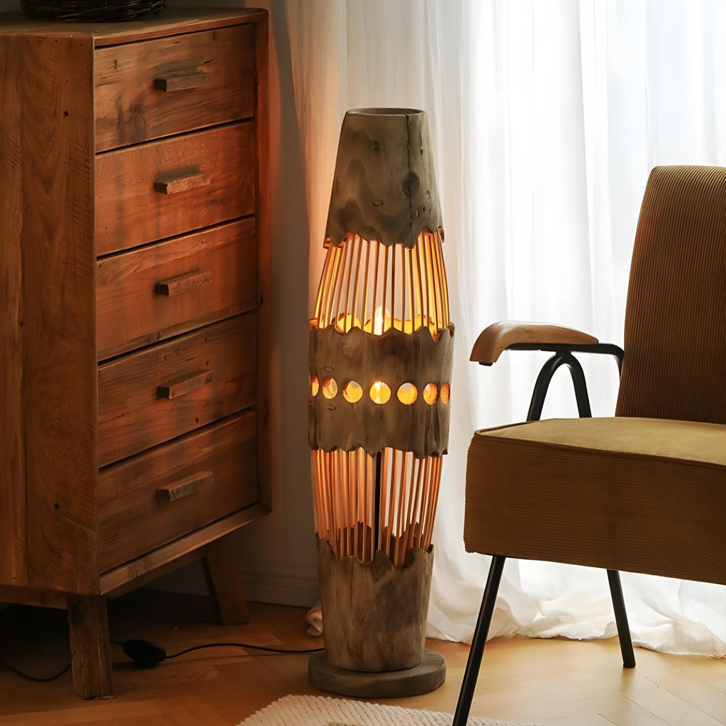 34.64" Mid Century Boho Farmhouse Wood Floor Lamp with Bamboo Shade