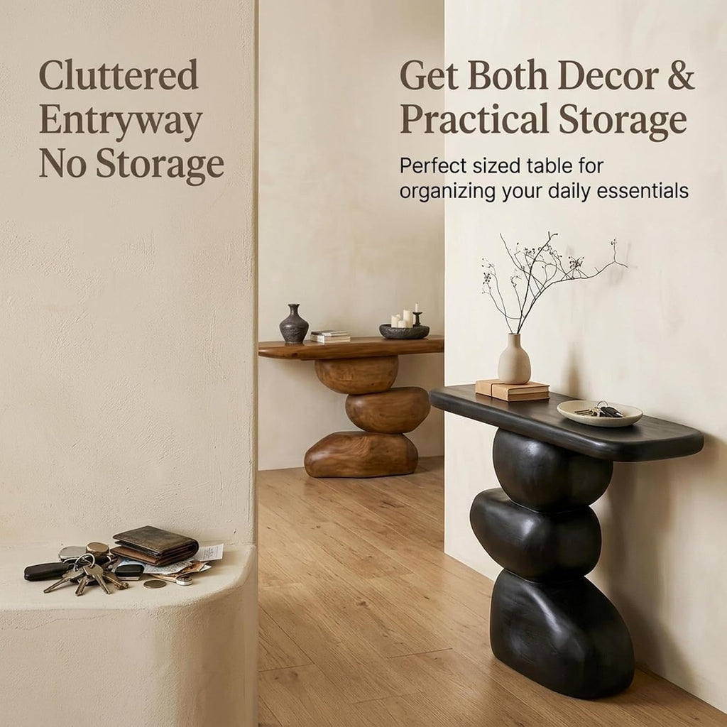 Entryway Console Table, Solid Wood, Cobblestone Round