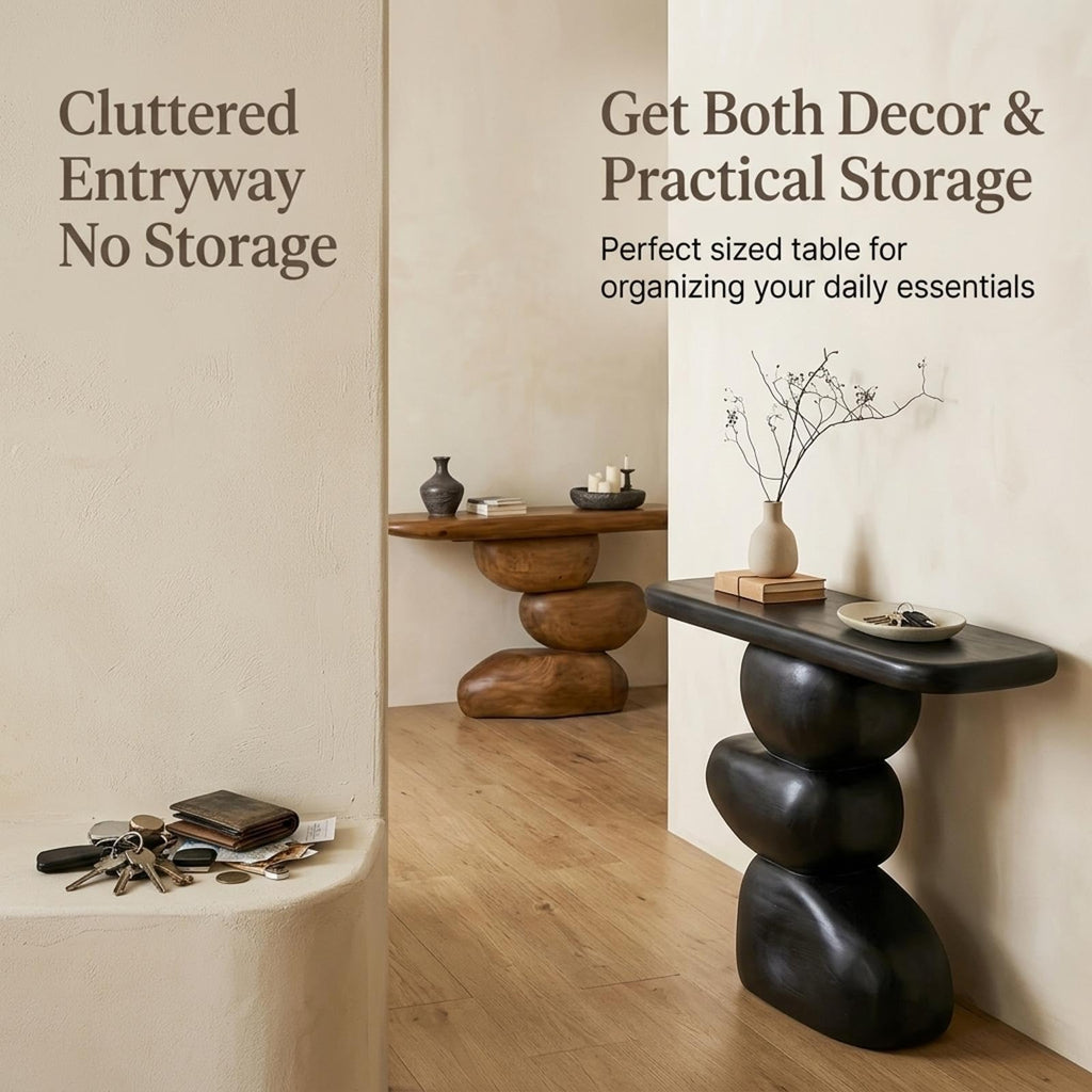 Entryway Console Table, Solid Wood, Cobblestone Round
