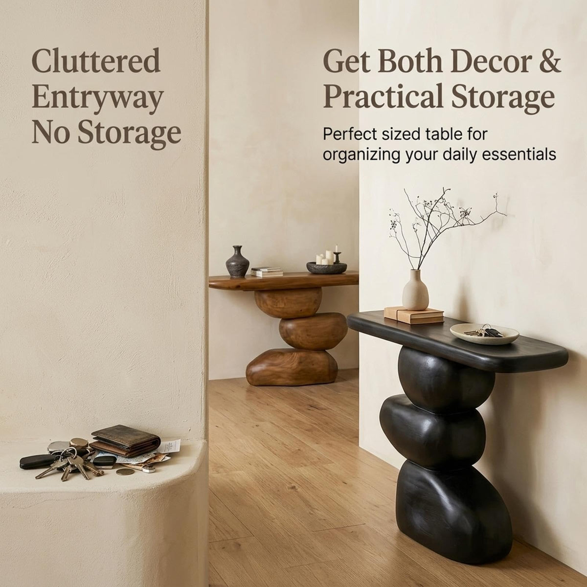 Entryway Console Table, Solid Wood, Cobblestone Round