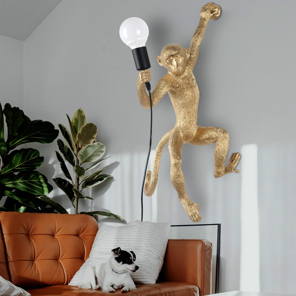 Modern Resin Monkey Wall Lamp & Pendant Light - Hemp Rope Vintage Lamp for Home Decor - Dining, Living Room, Bedroom, Entryway (Black)