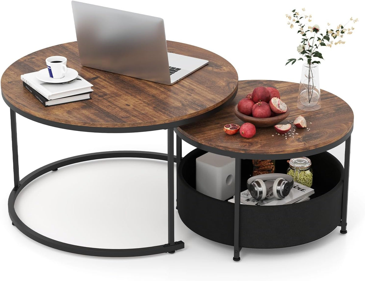 Tangkula Round Nesting Coffee Table Set of 2, Rustic & Black
